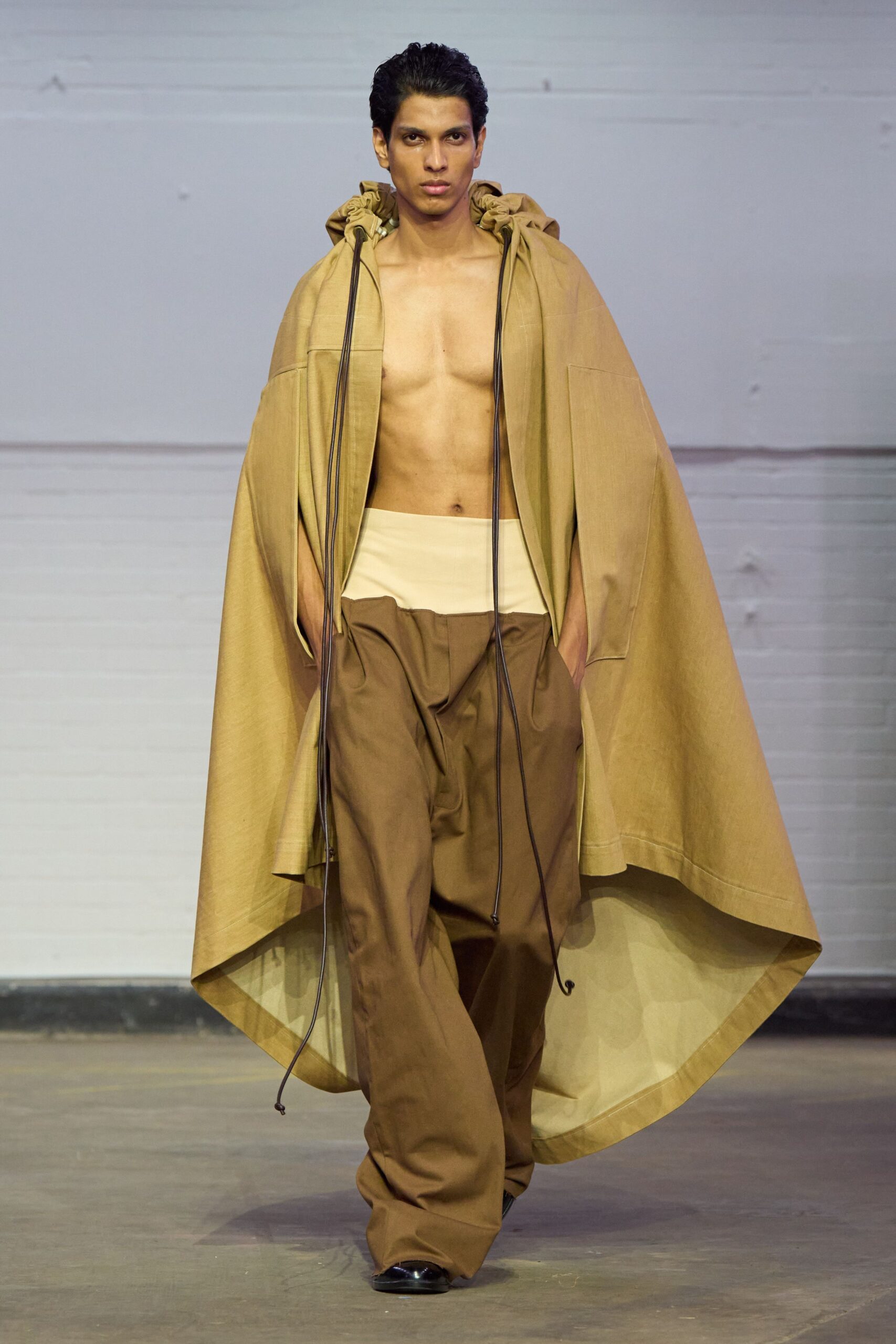 beige cotton long-sleeve relaxed layered cape