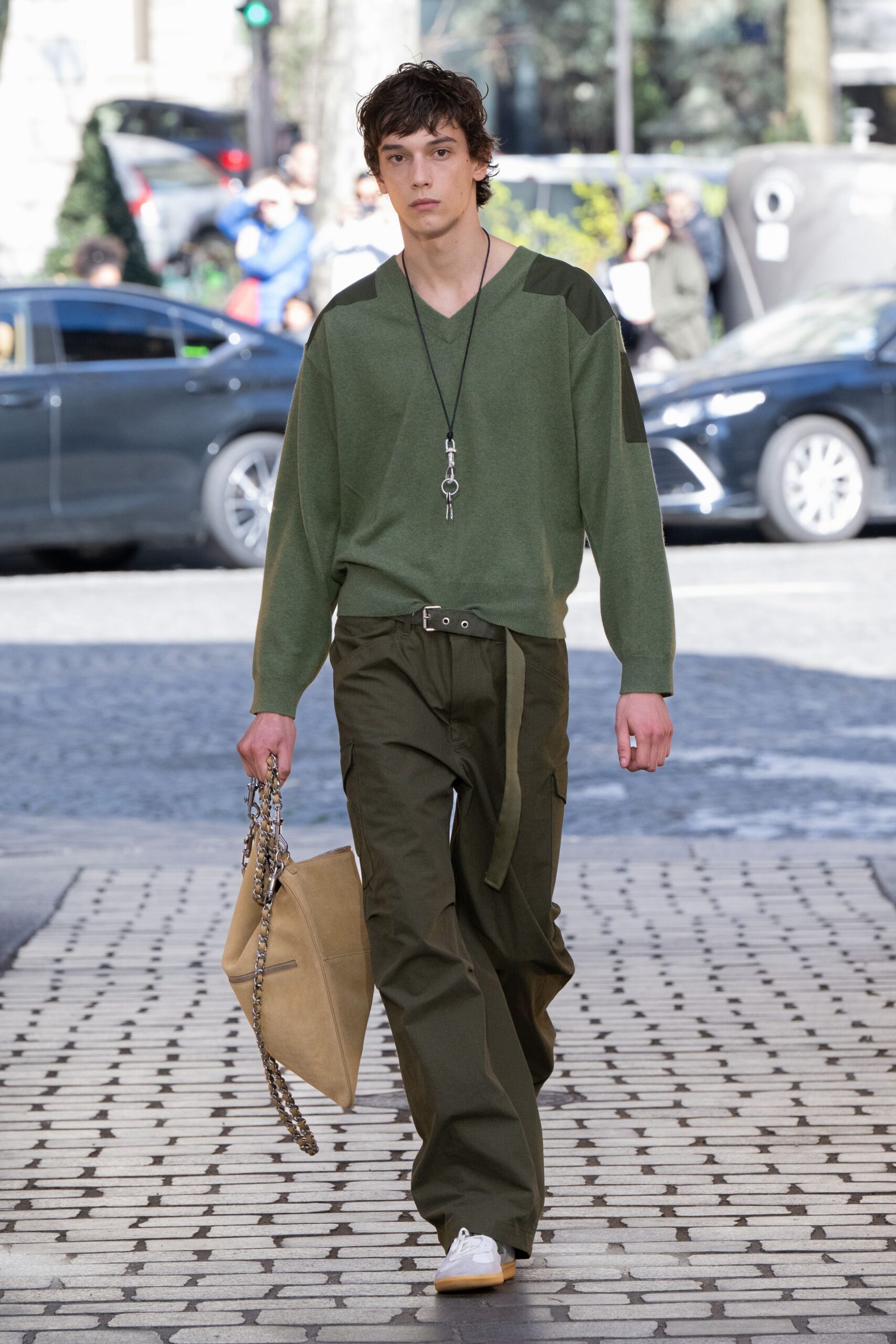 green relaxed sweater with cargo pants