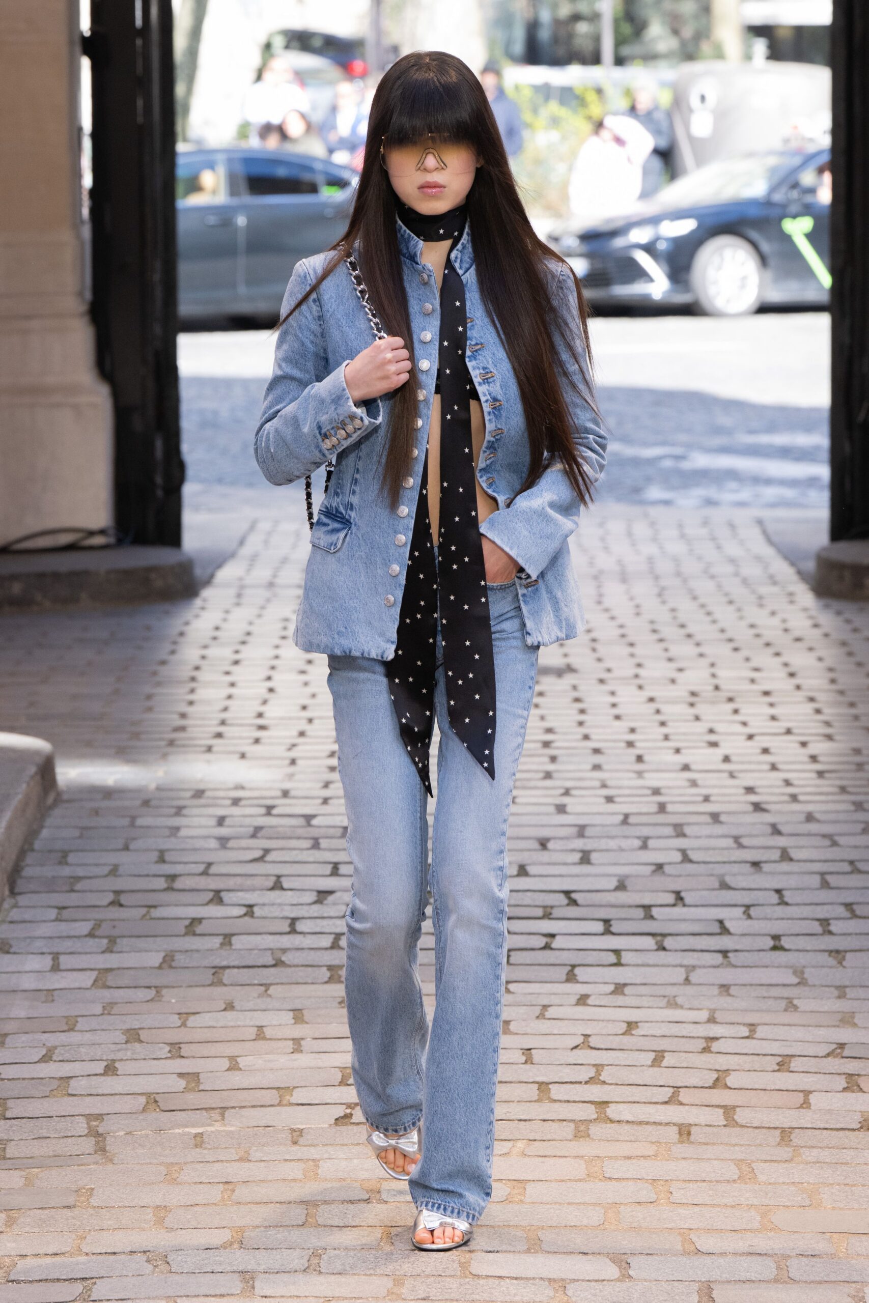 blue denim long-sleeve collared fitted buttoned jacket