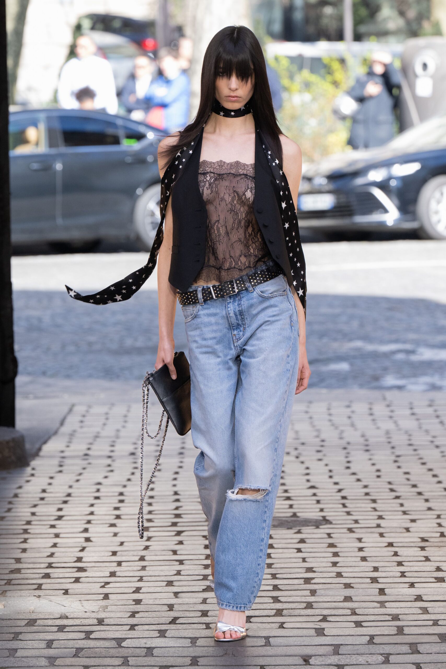 black lace top with blazer