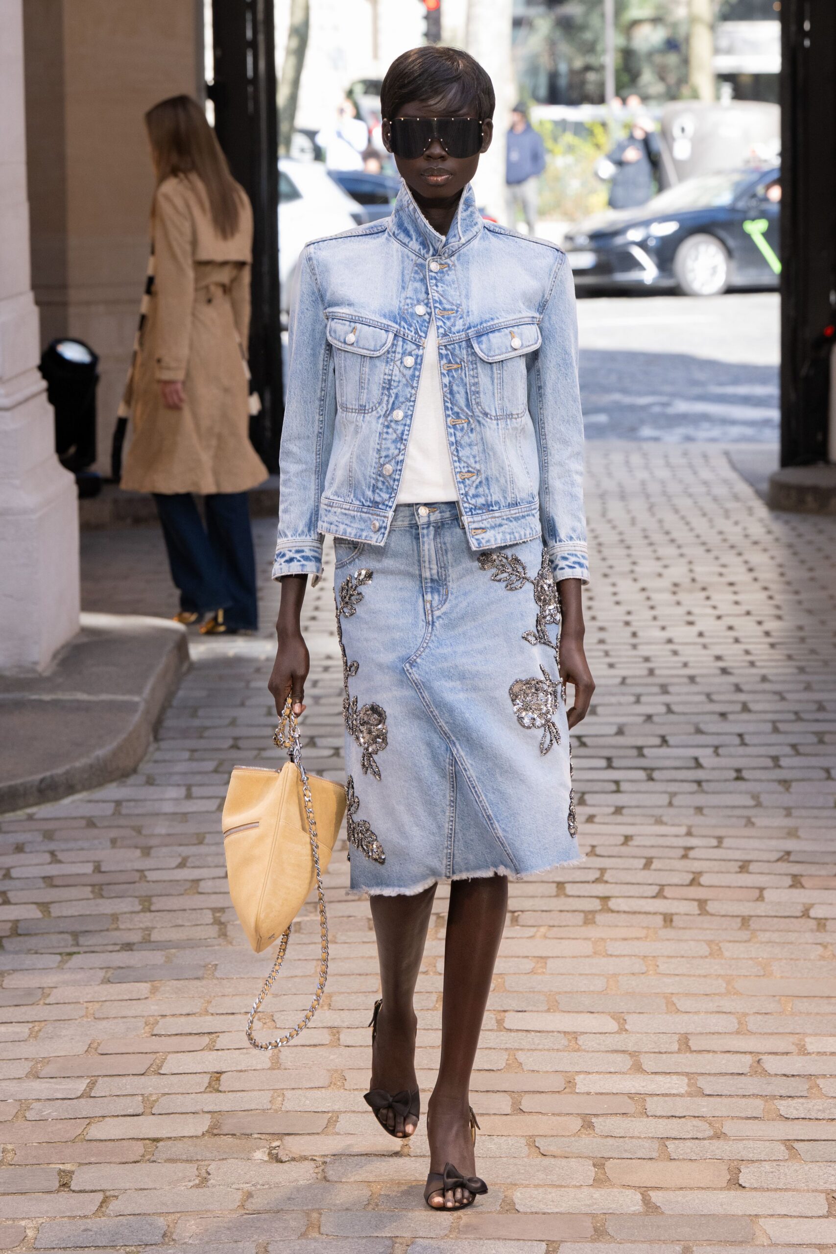 blue denim long-sleeve collared fitted buttoned jacket