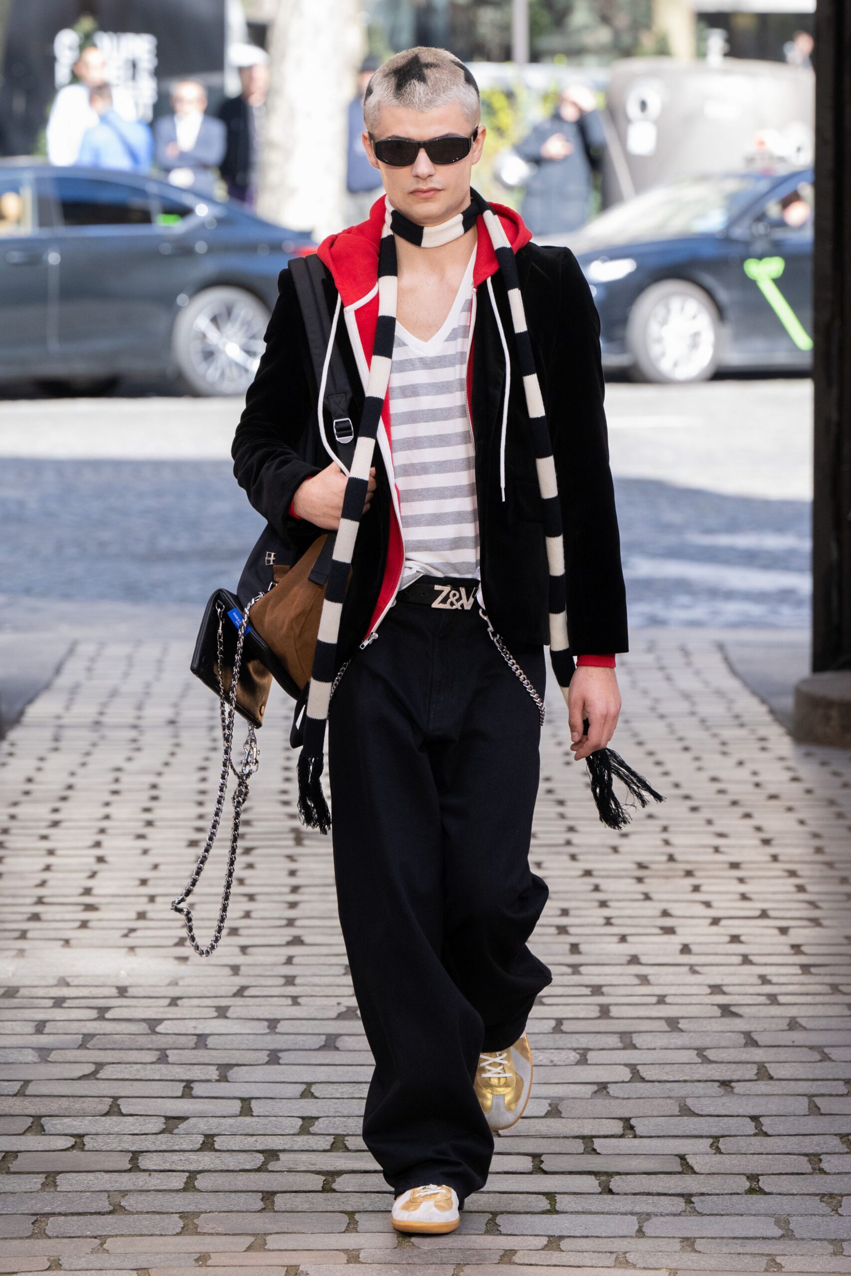 black jacket white striped t-shirt