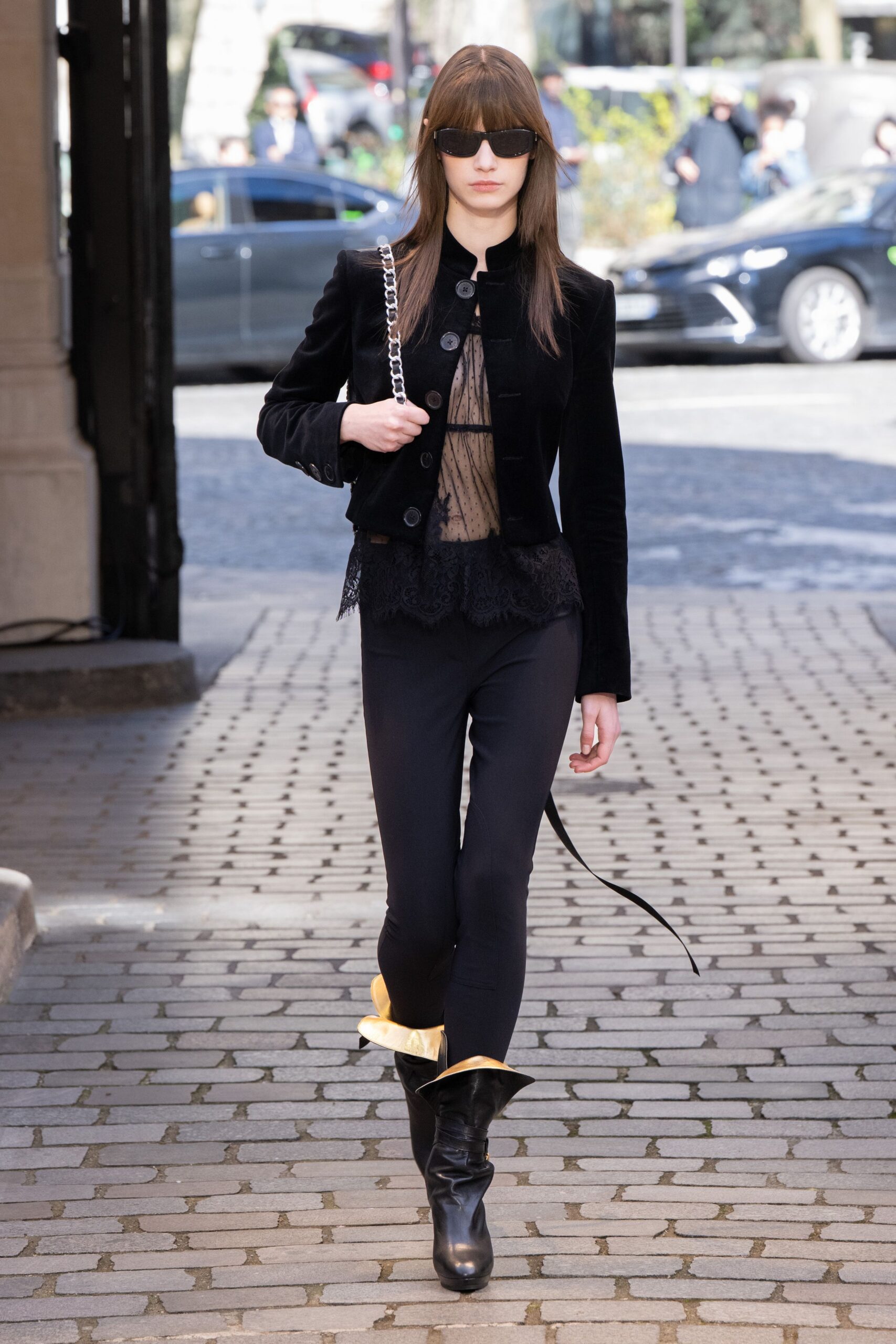 black velvet long-sleeve collared fitted buttoned jacket