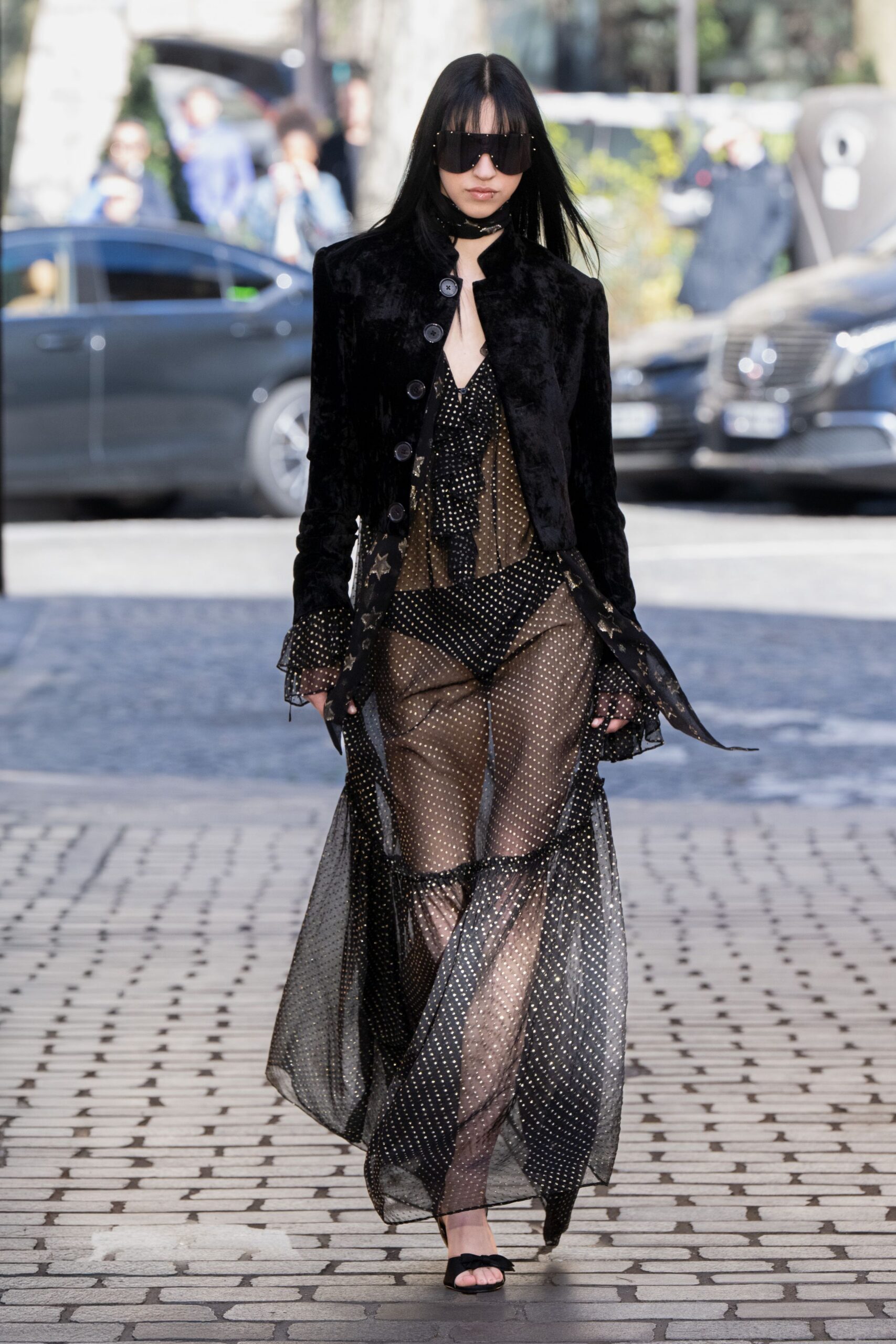 black chiffon long-sleeve fitted layered sheer maxi skirt