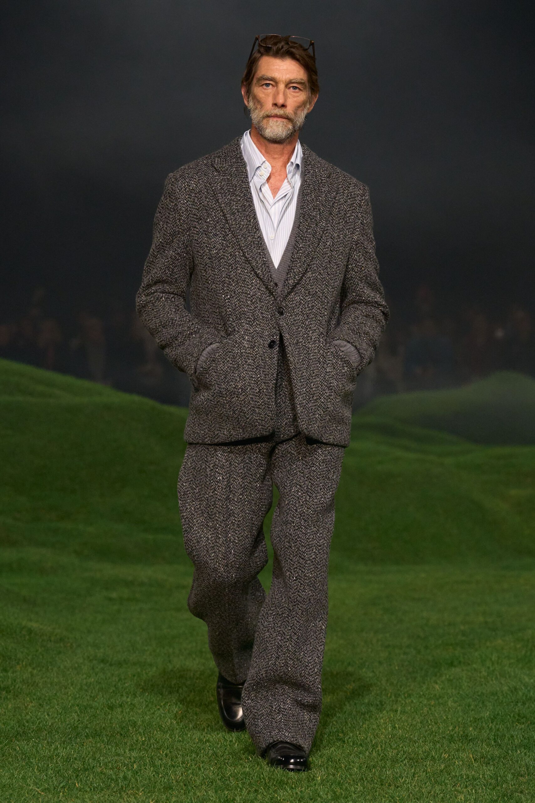 gray tweed tailored suit