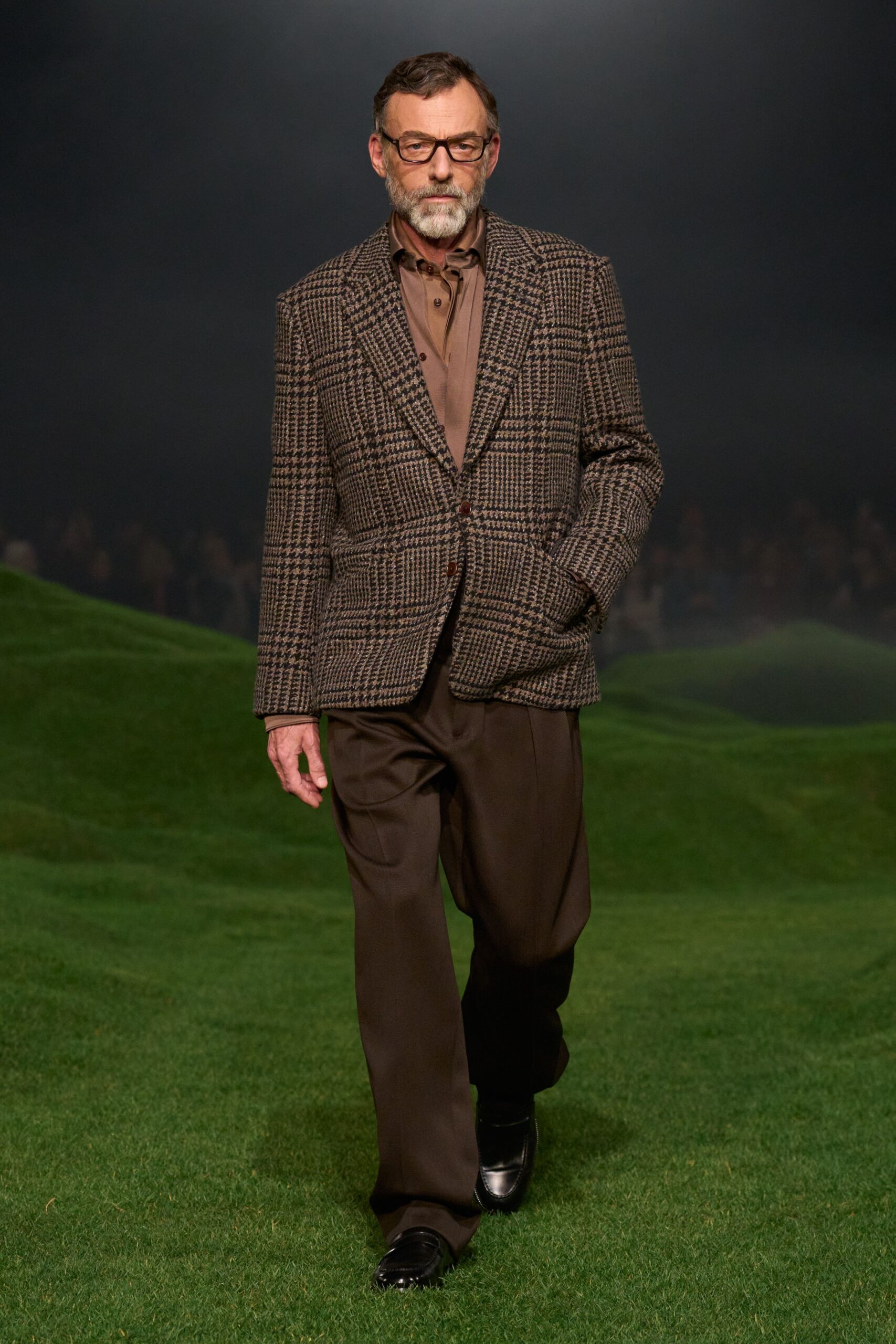 brown wool long-sleeve collared tailored checked blazer