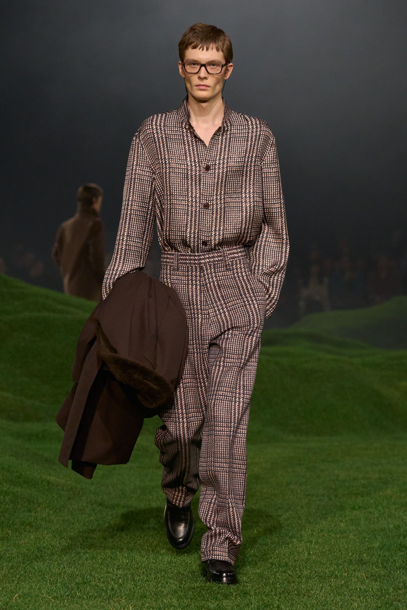 checked brown shirt and pants