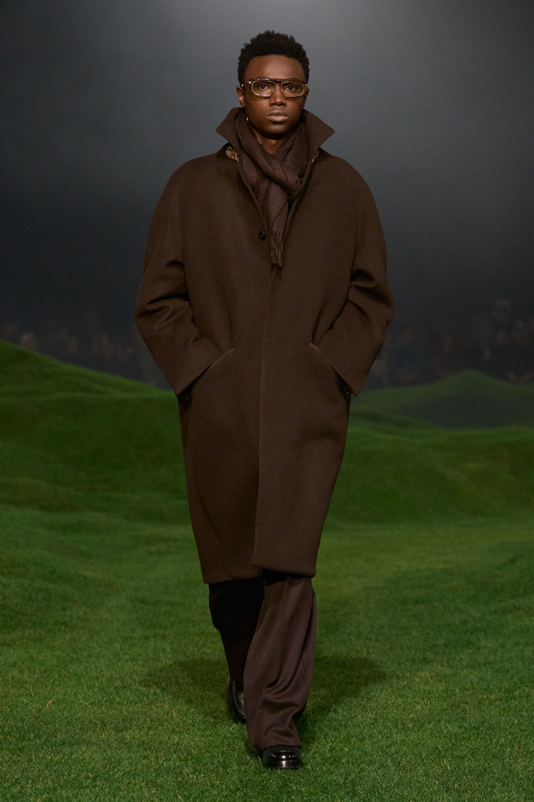 brown wool coat with black pants