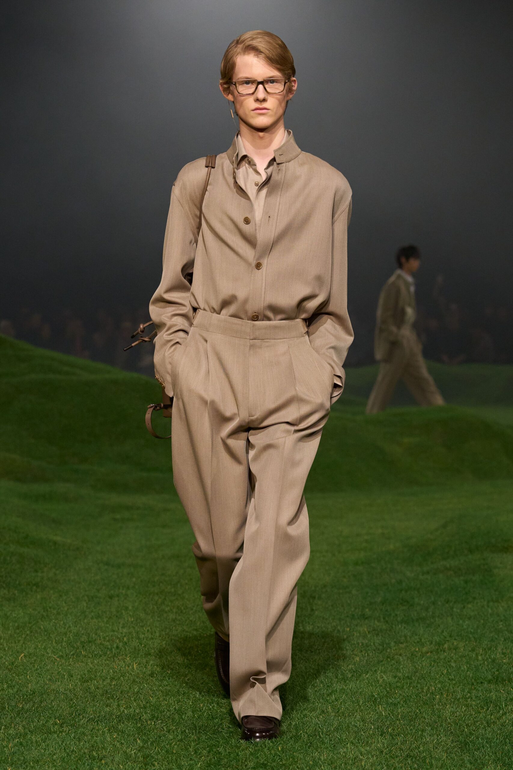 beige wool tailored straight-leg pants