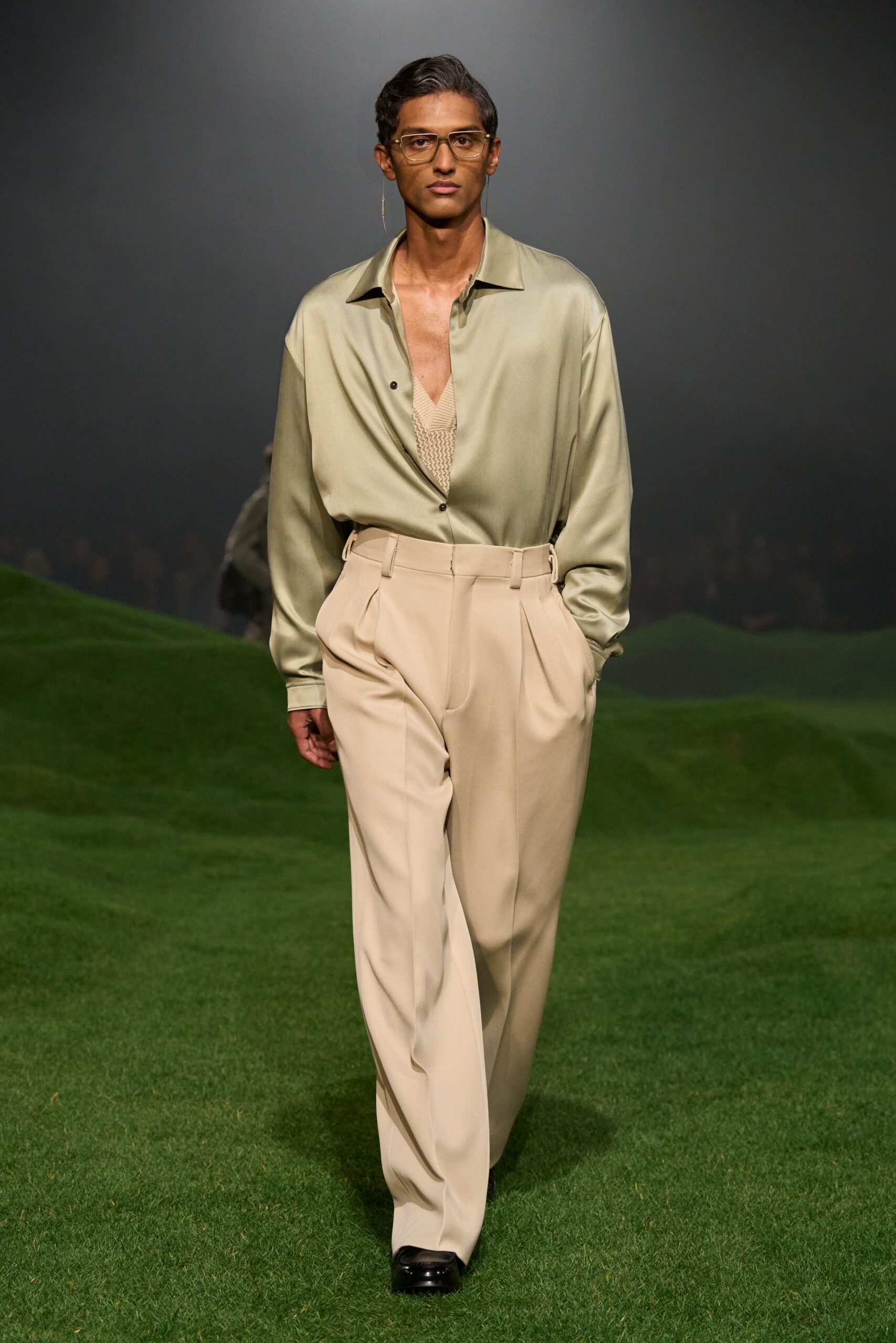 green silk long-sleeve collared relaxed shirt