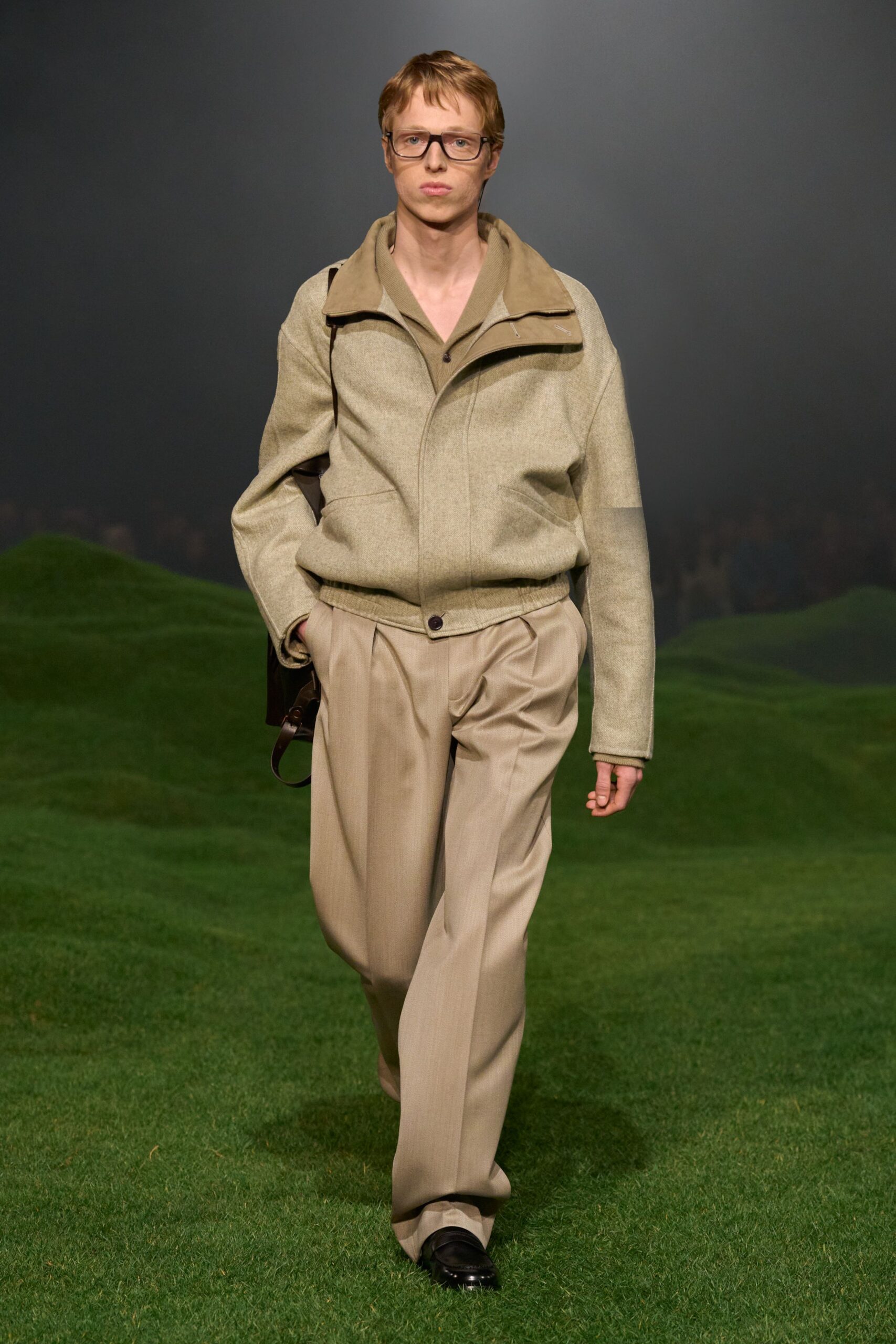beige wool long-sleeve collared relaxed zippered jacket