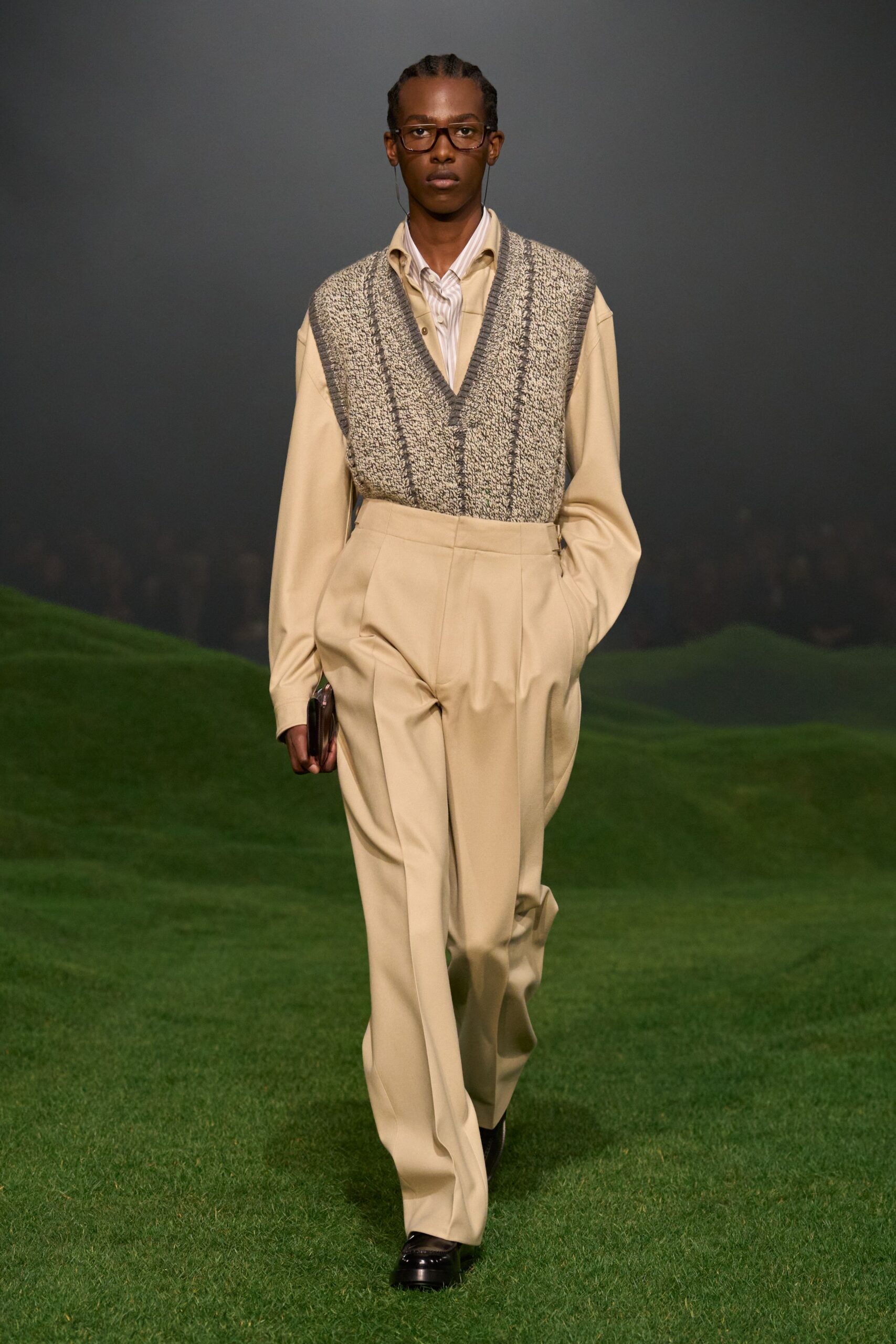 gray tweed vest beige shirt tailored pants