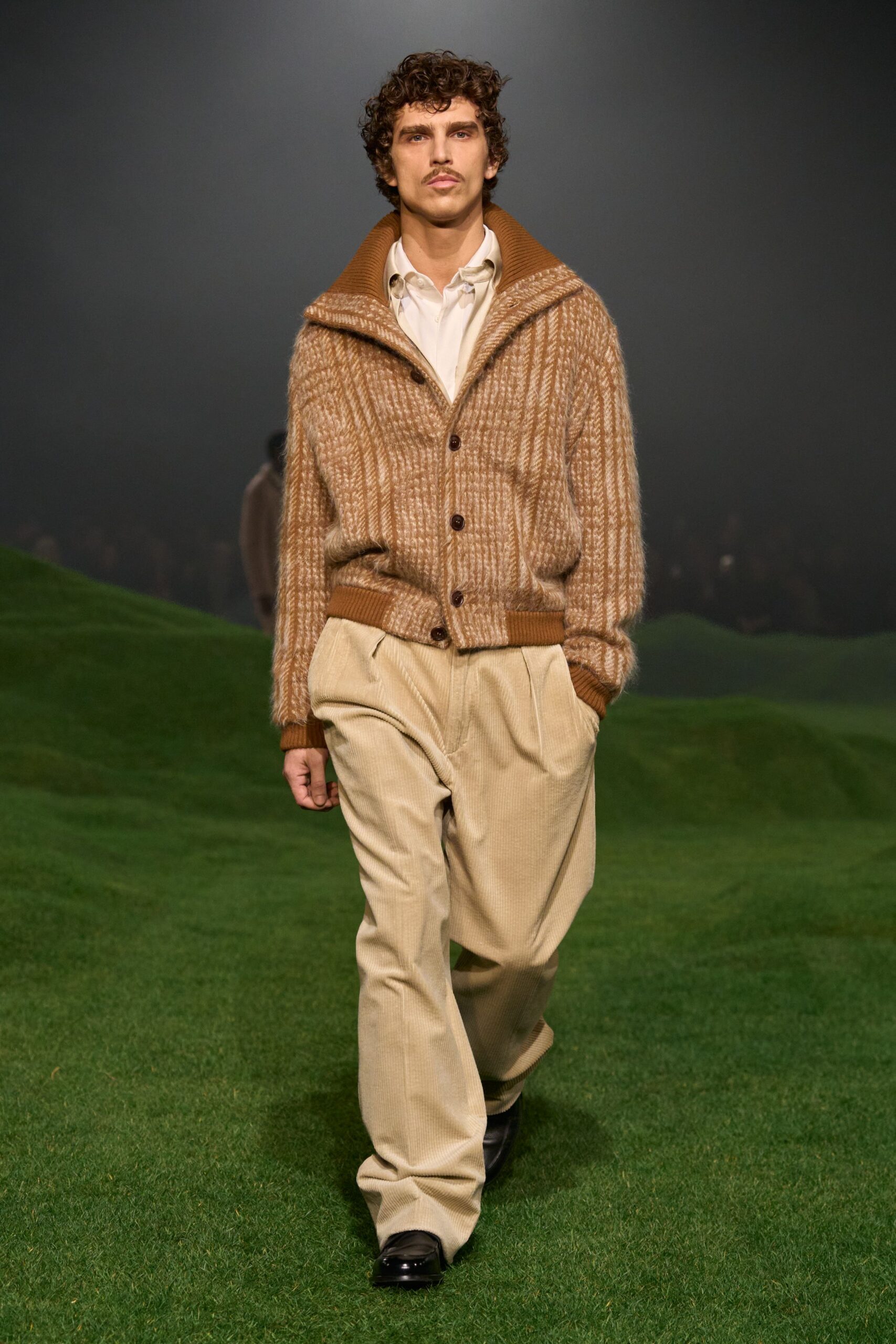 brown wool cardigan beige pants