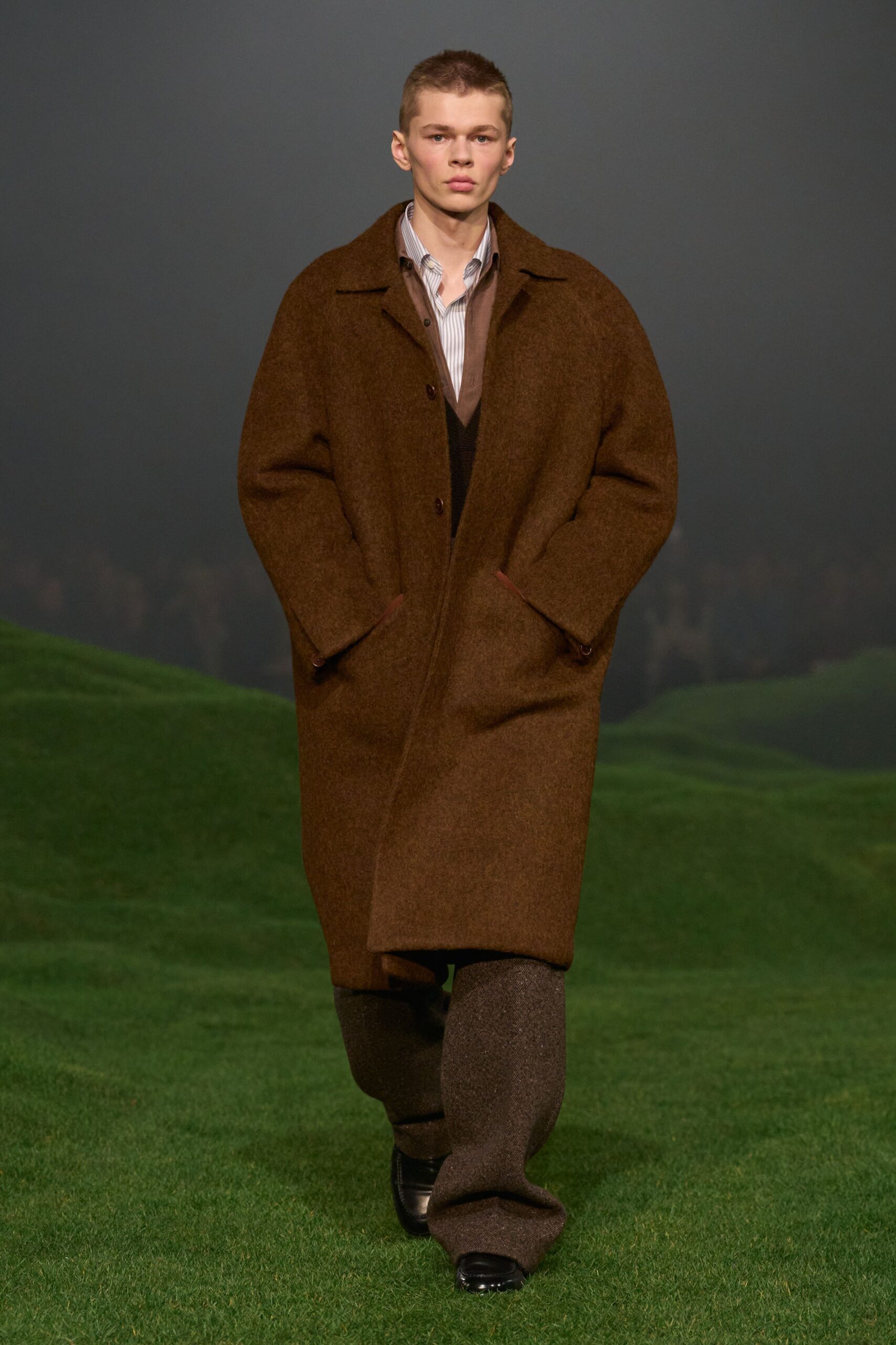 brown wool coat with gray pants