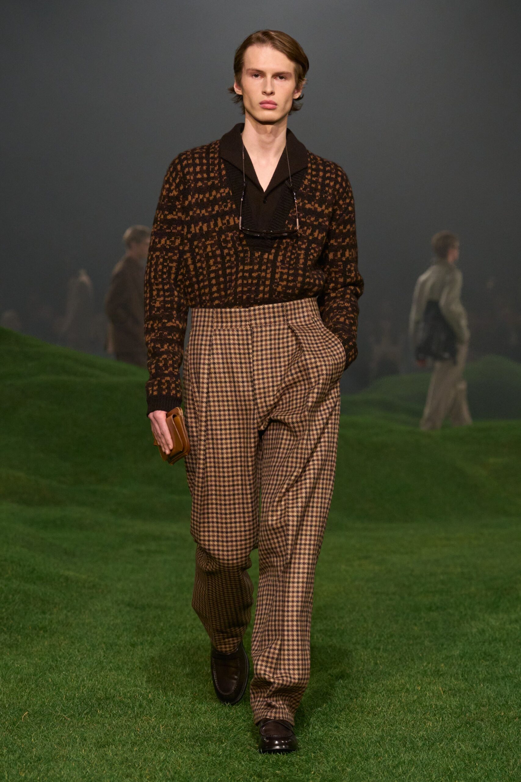 brown wool long-sleeve collared fitted textured sweater