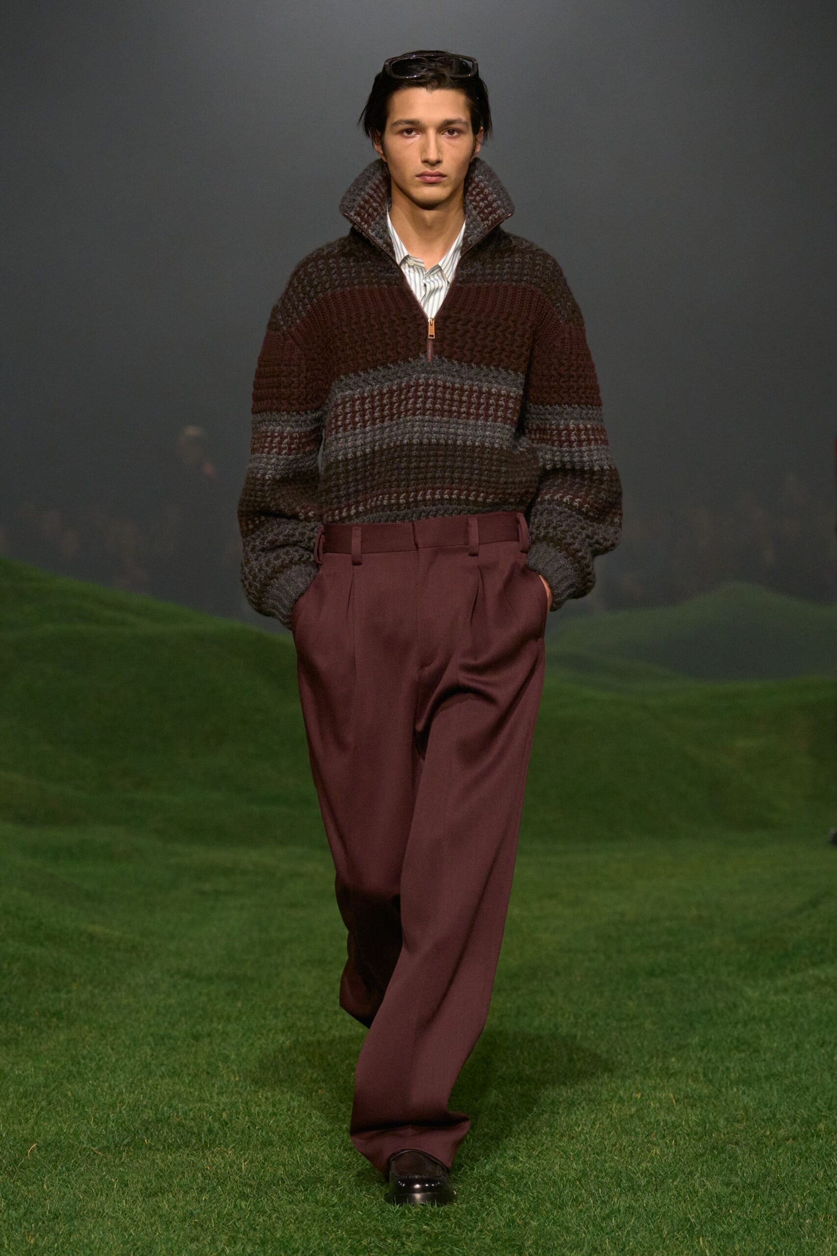 brown wool sweater maroon pants