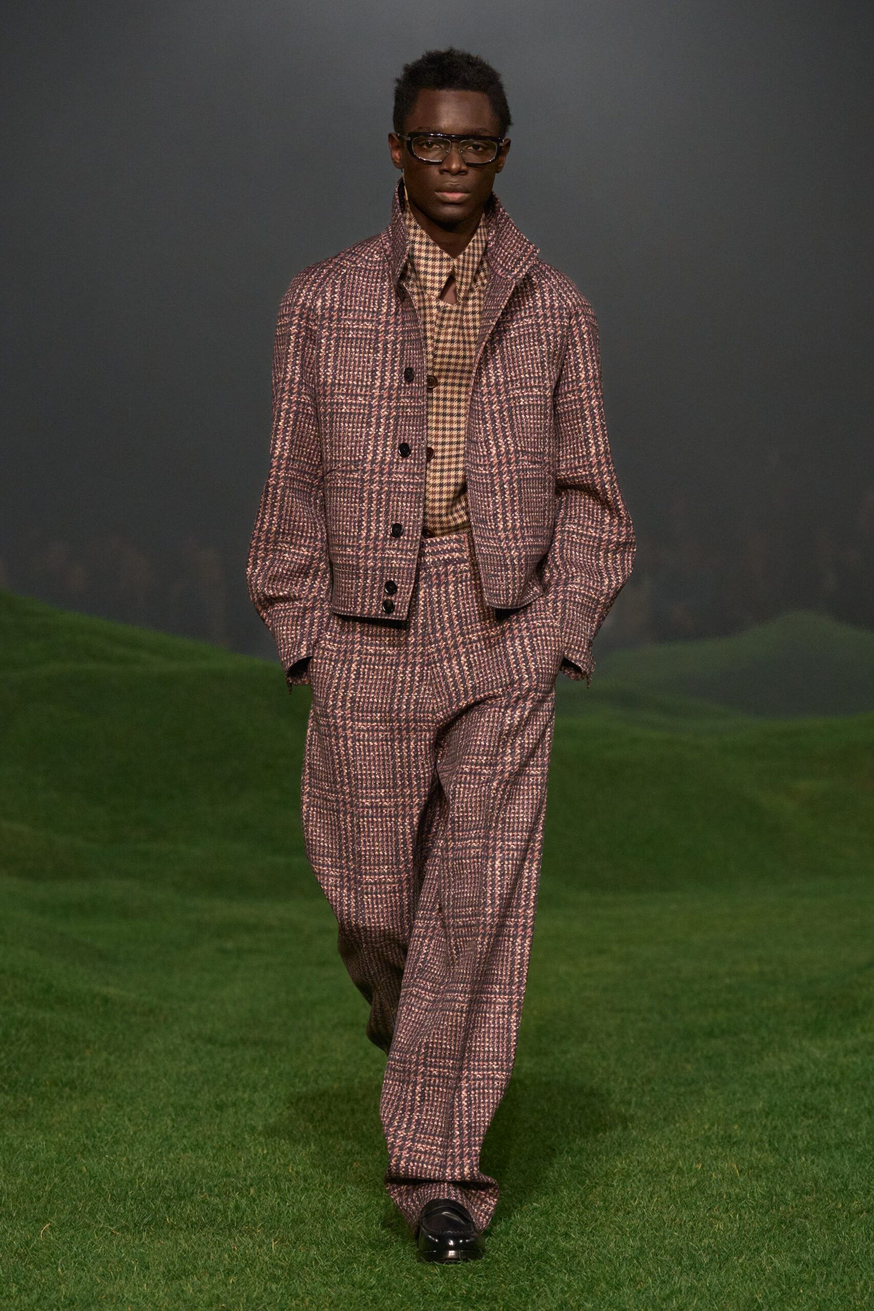 purple tweed tailored straight-leg pants