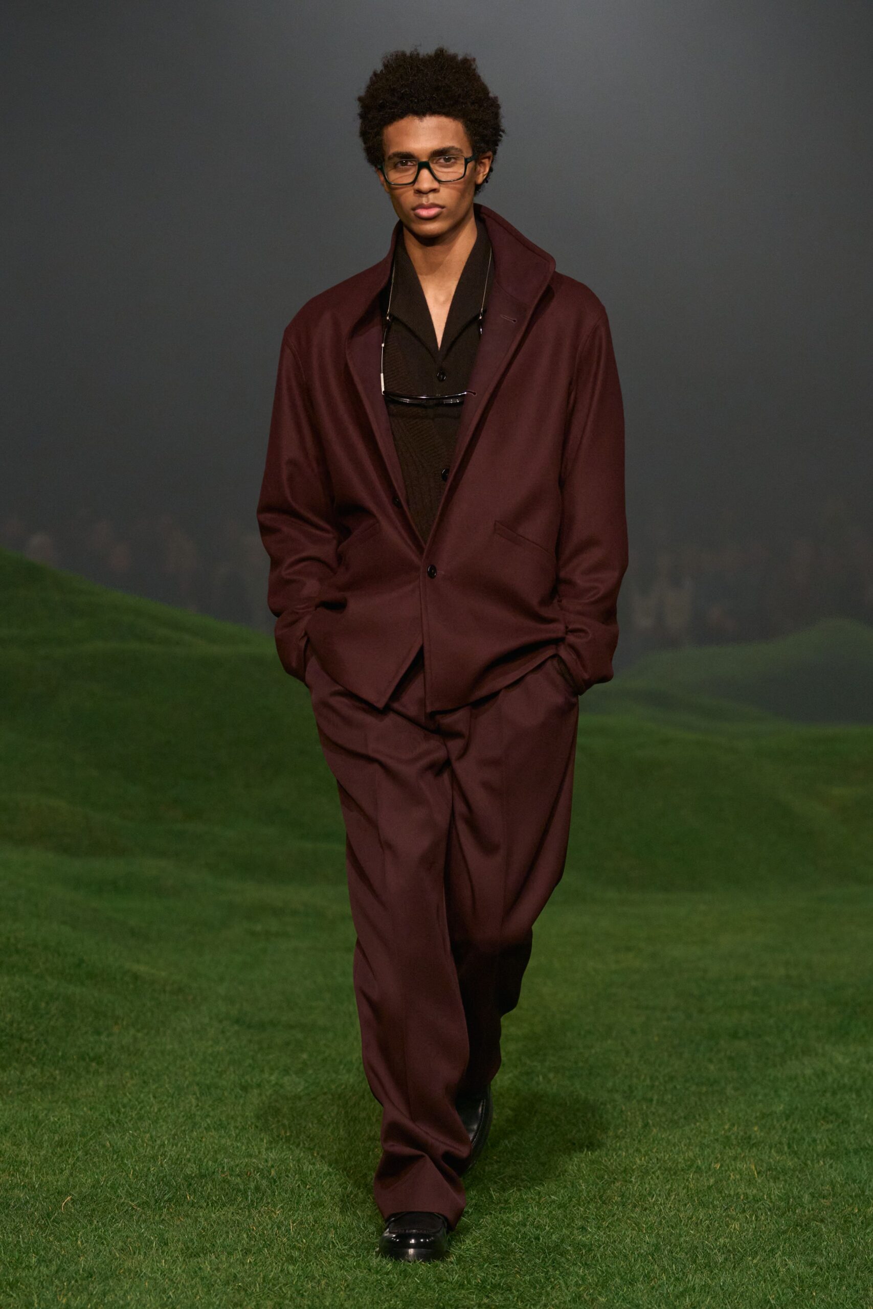maroon long-sleeve collared relaxed suit