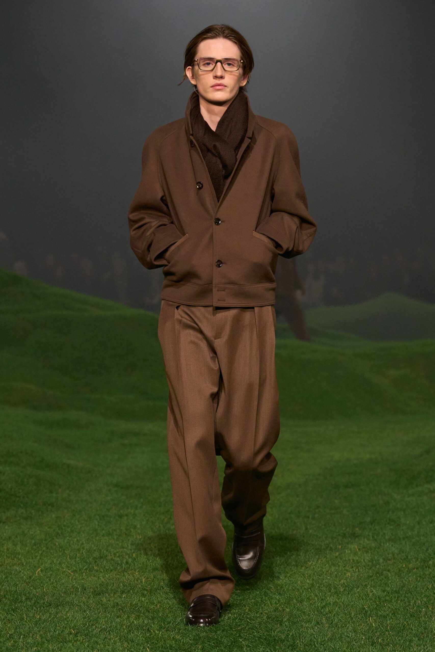brown wool relaxed pleated pants