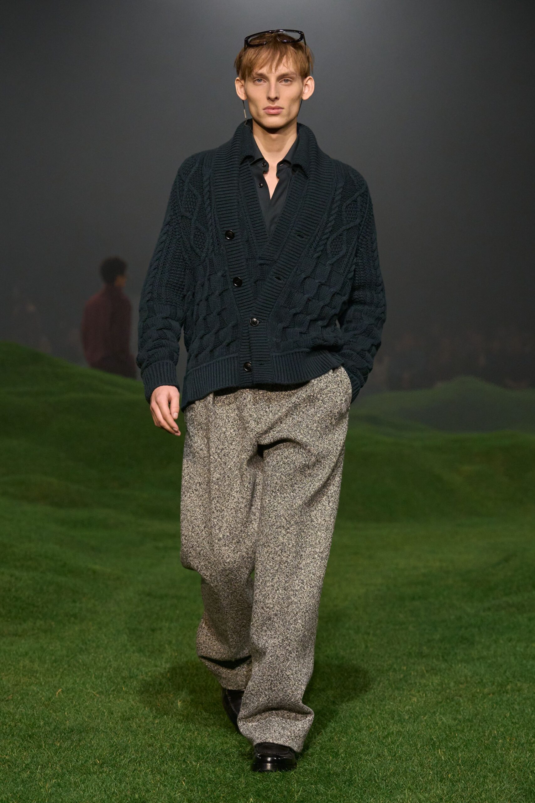 navy wool cardigan with gray pants