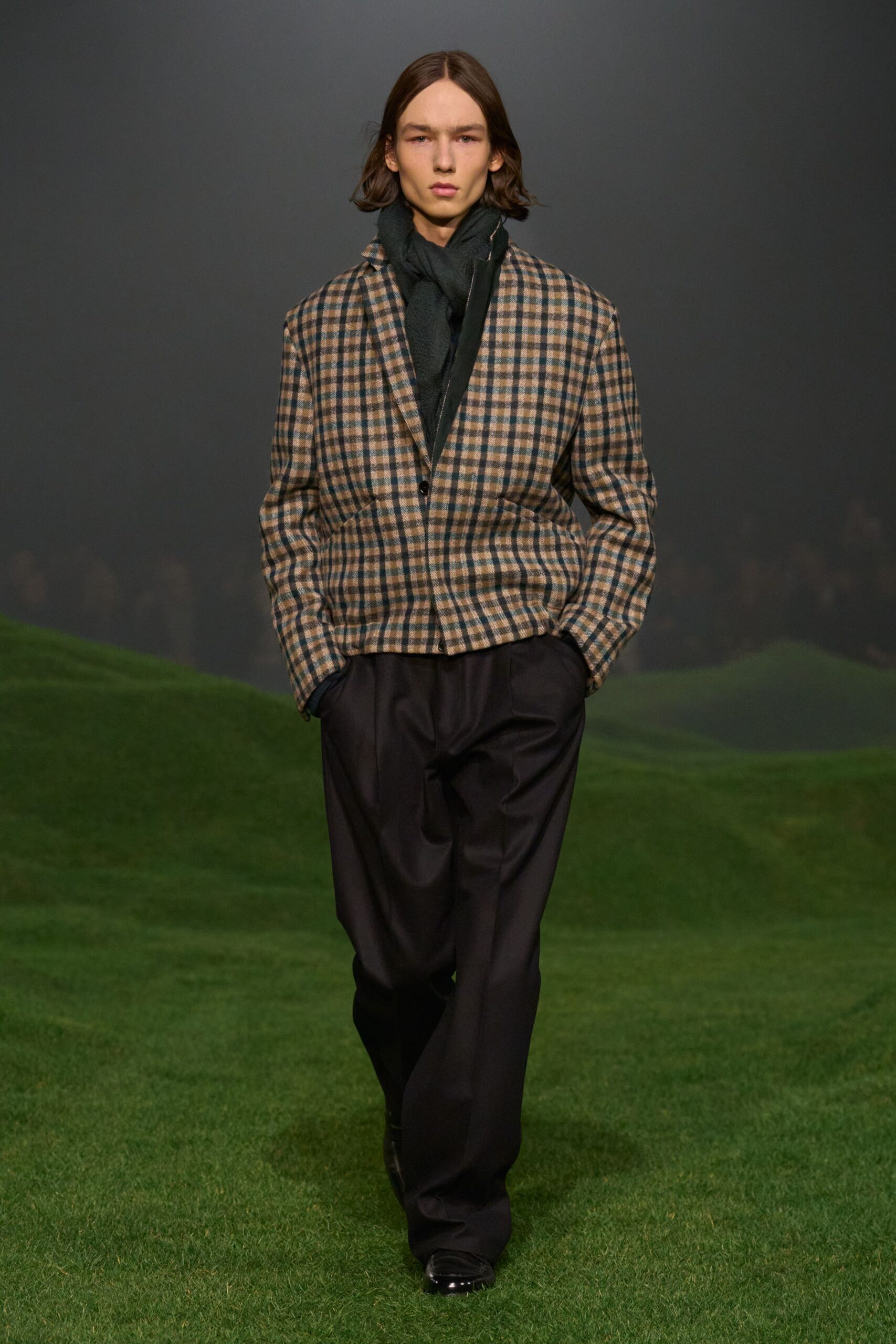 brown wool long-sleeve collared structured checked blazer