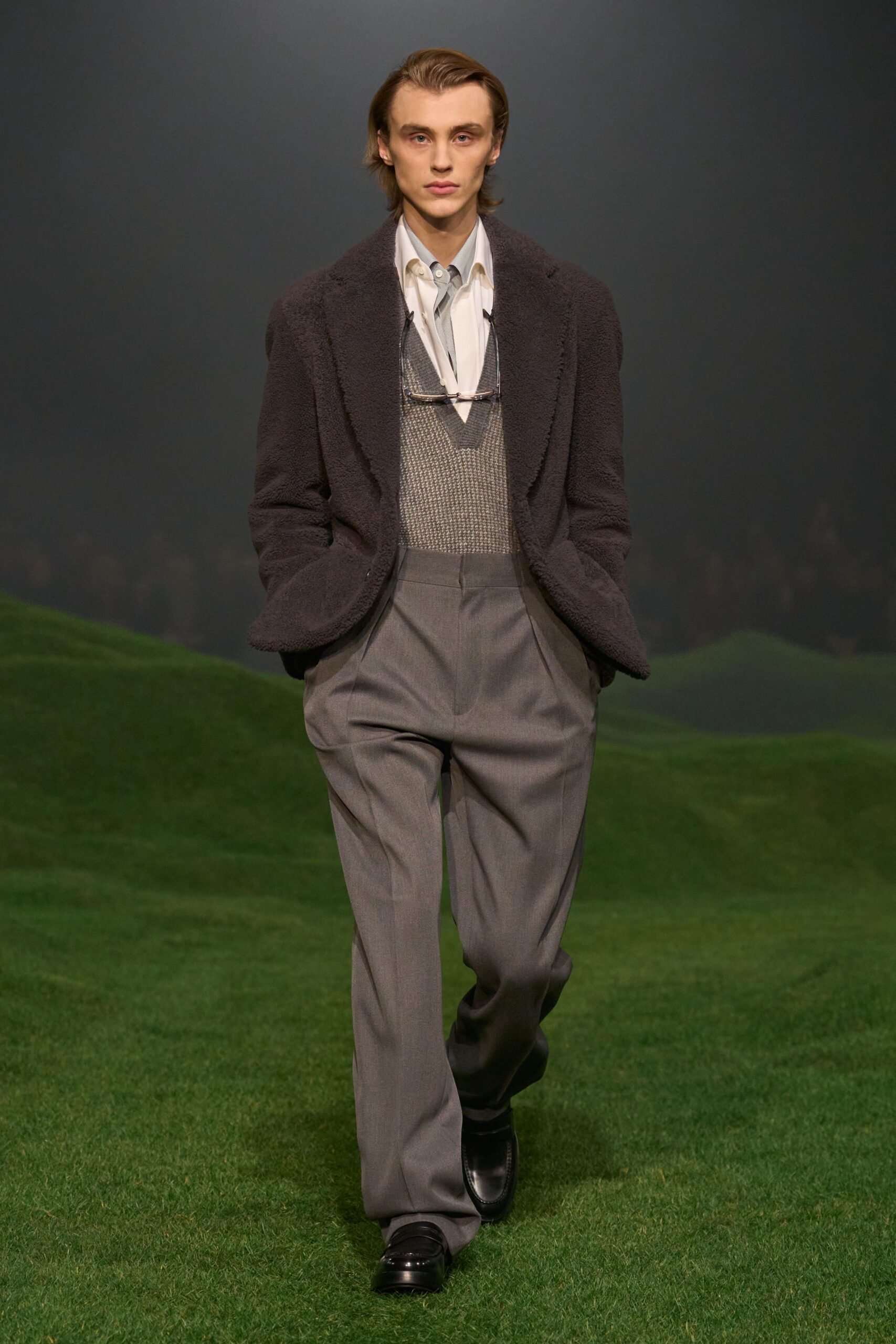 gray wool v-neck fitted vest
