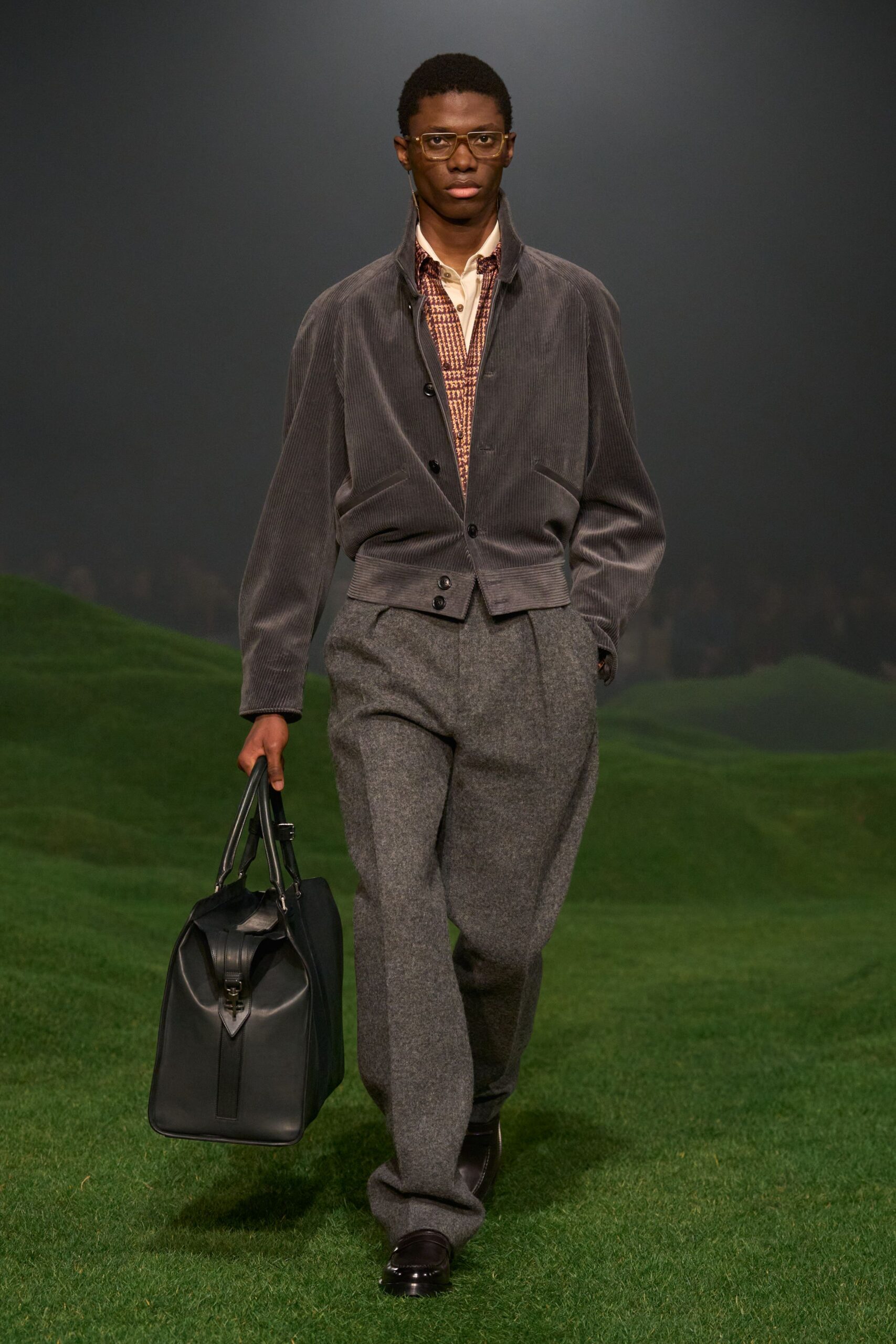 gray jacket beige shirt tailored pants
