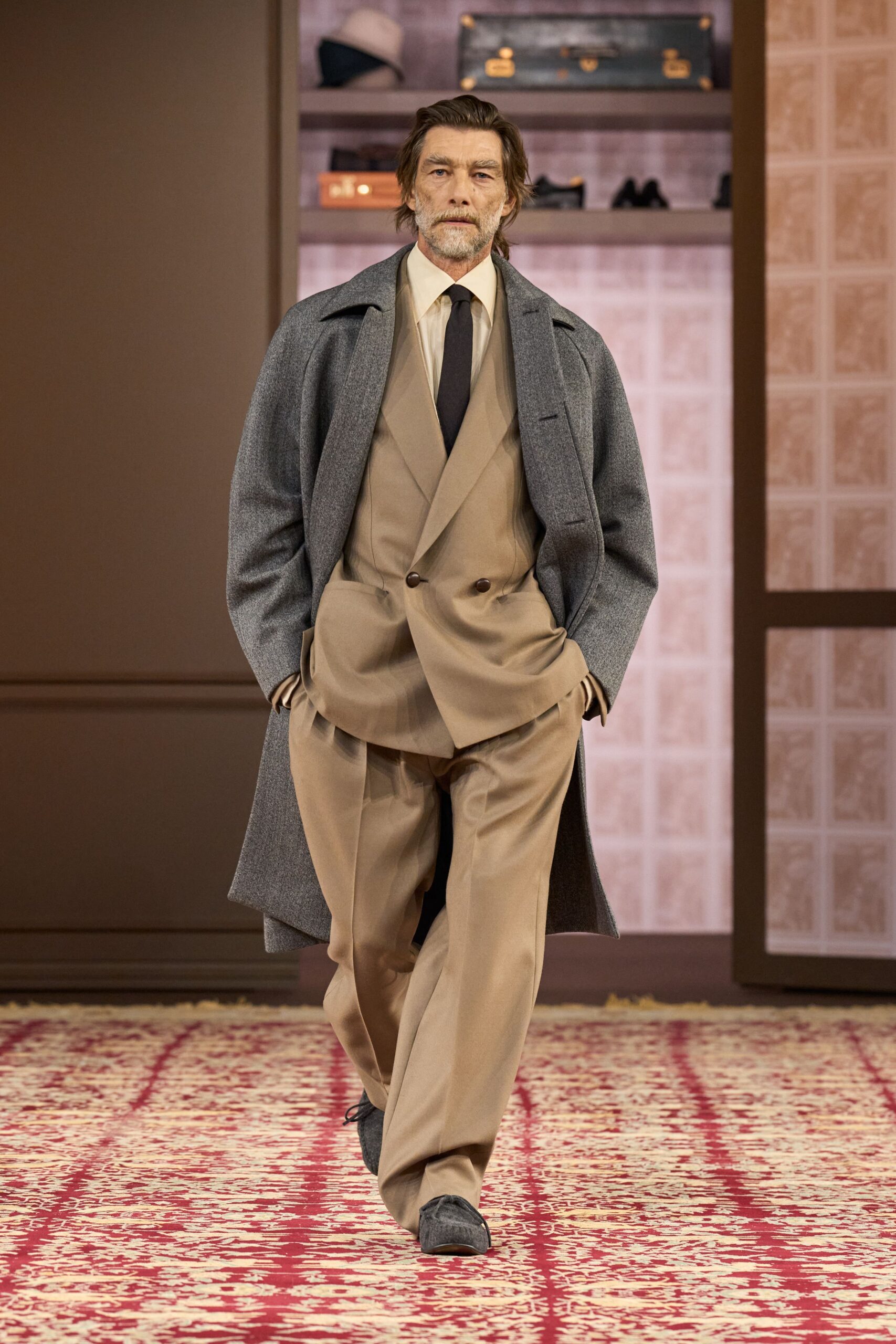 beige wool long-sleeve collared tailored suit