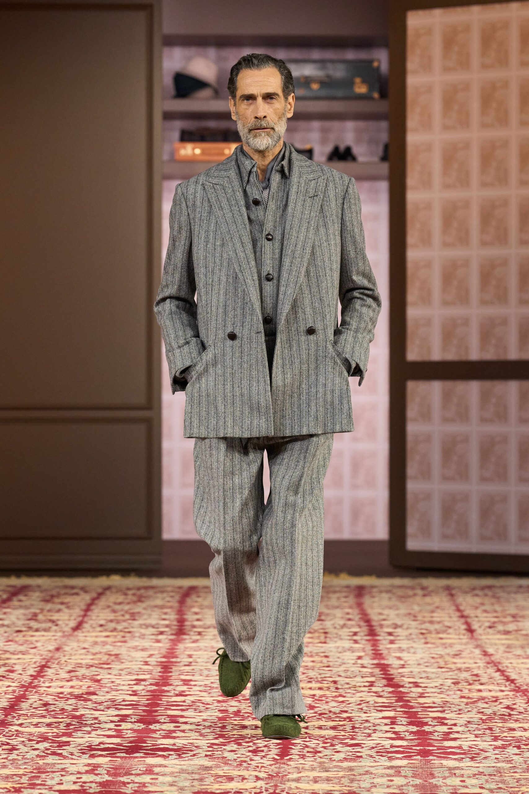 gray wool long-sleeve collared tailored striped suit