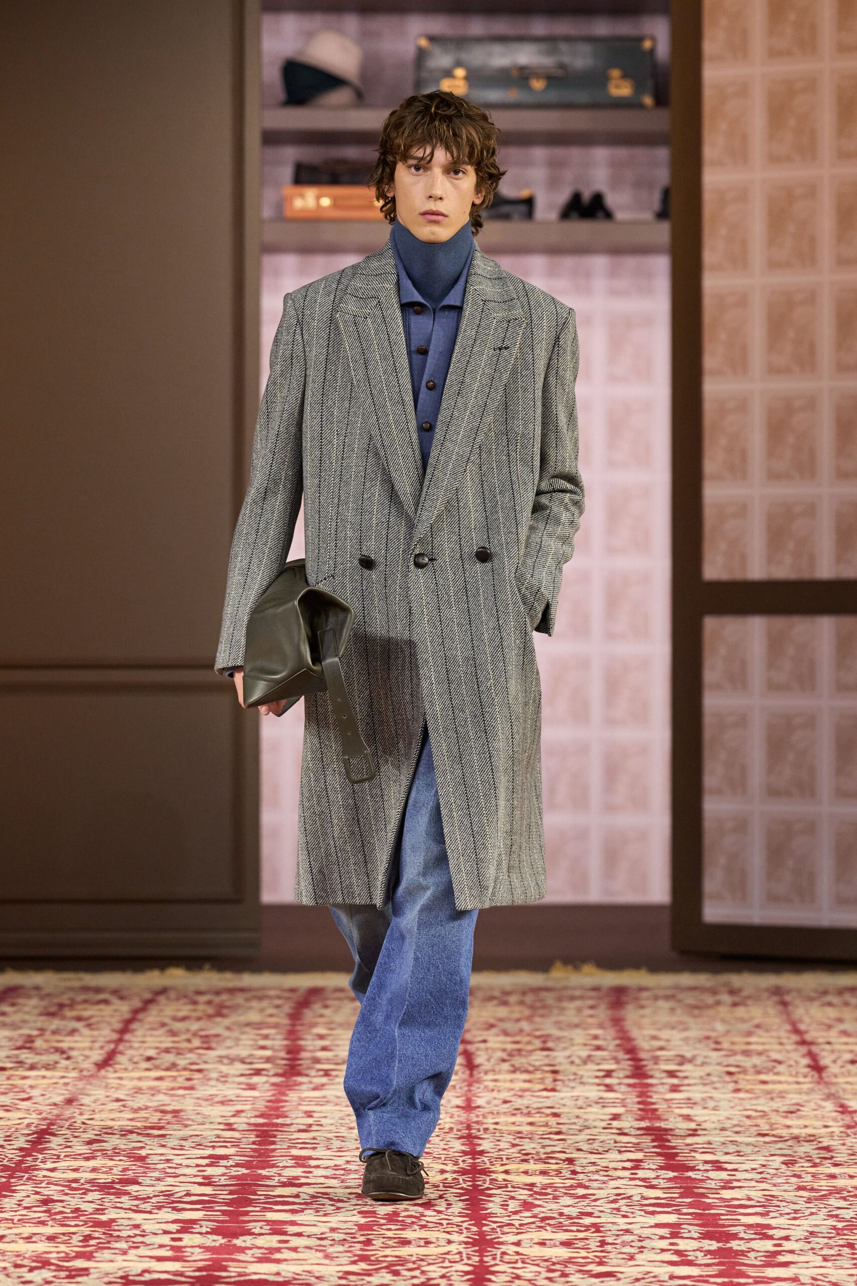 gray wool long-sleeve double-breasted tailored striped coat