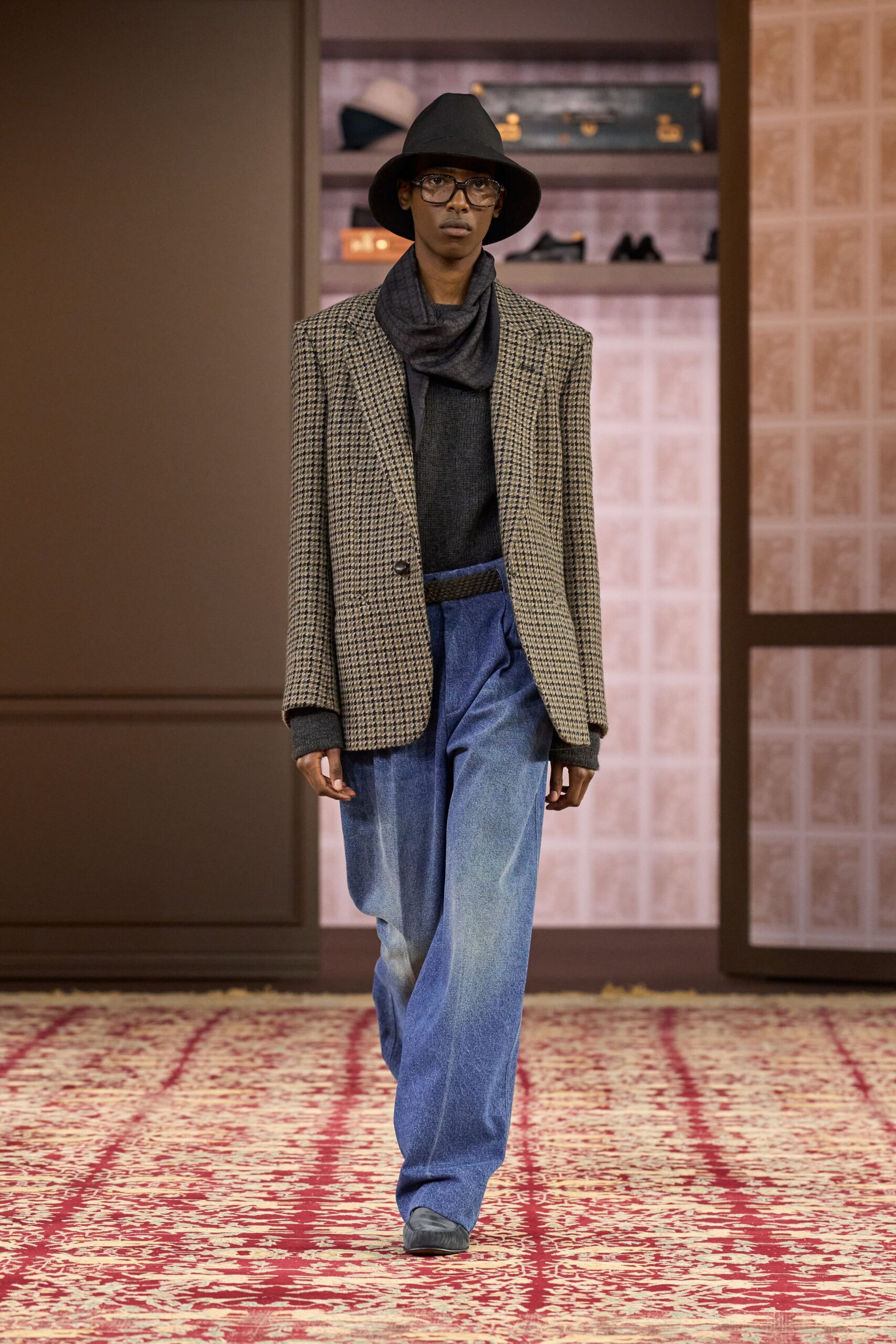 brown wool long-sleeve collared structured checked blazer