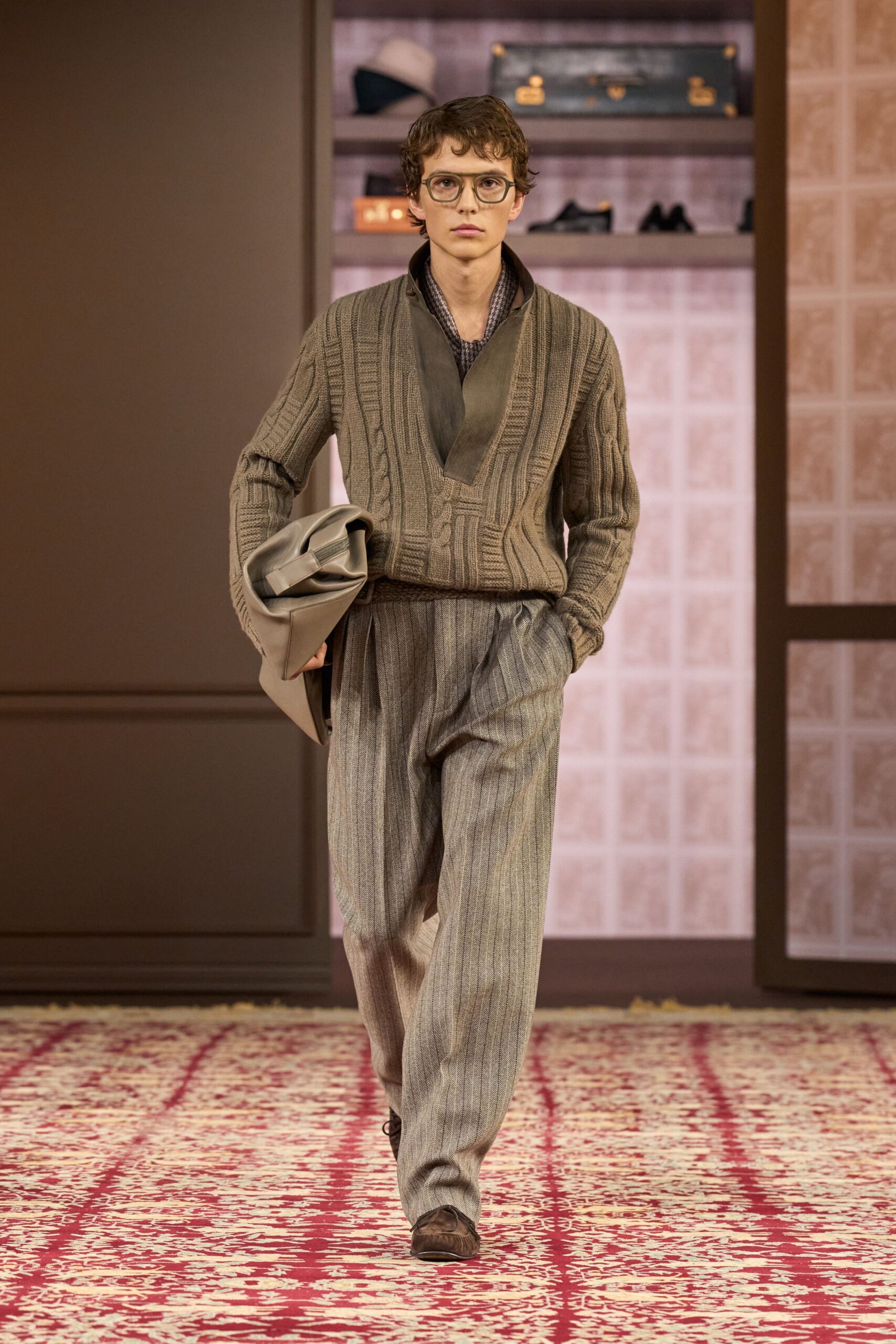brown wool long-sleeve v-neck relaxed ribbed sweater