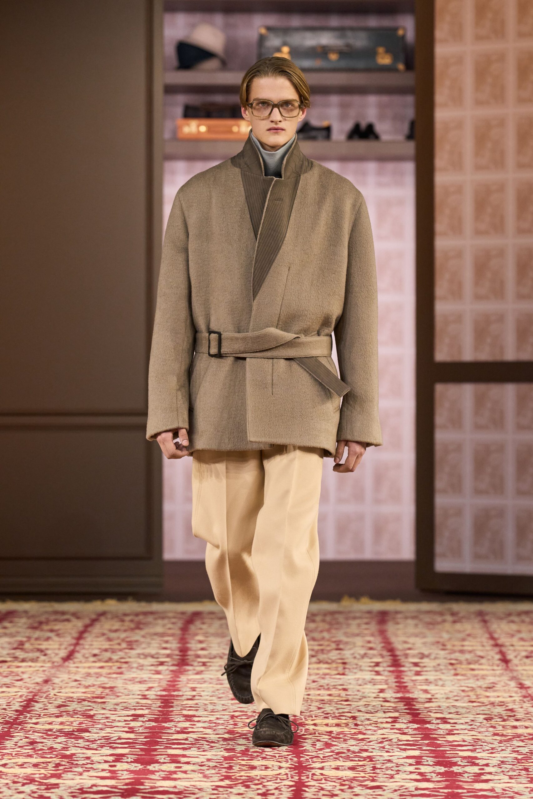brown wool long-sleeve collared relaxed belted coat