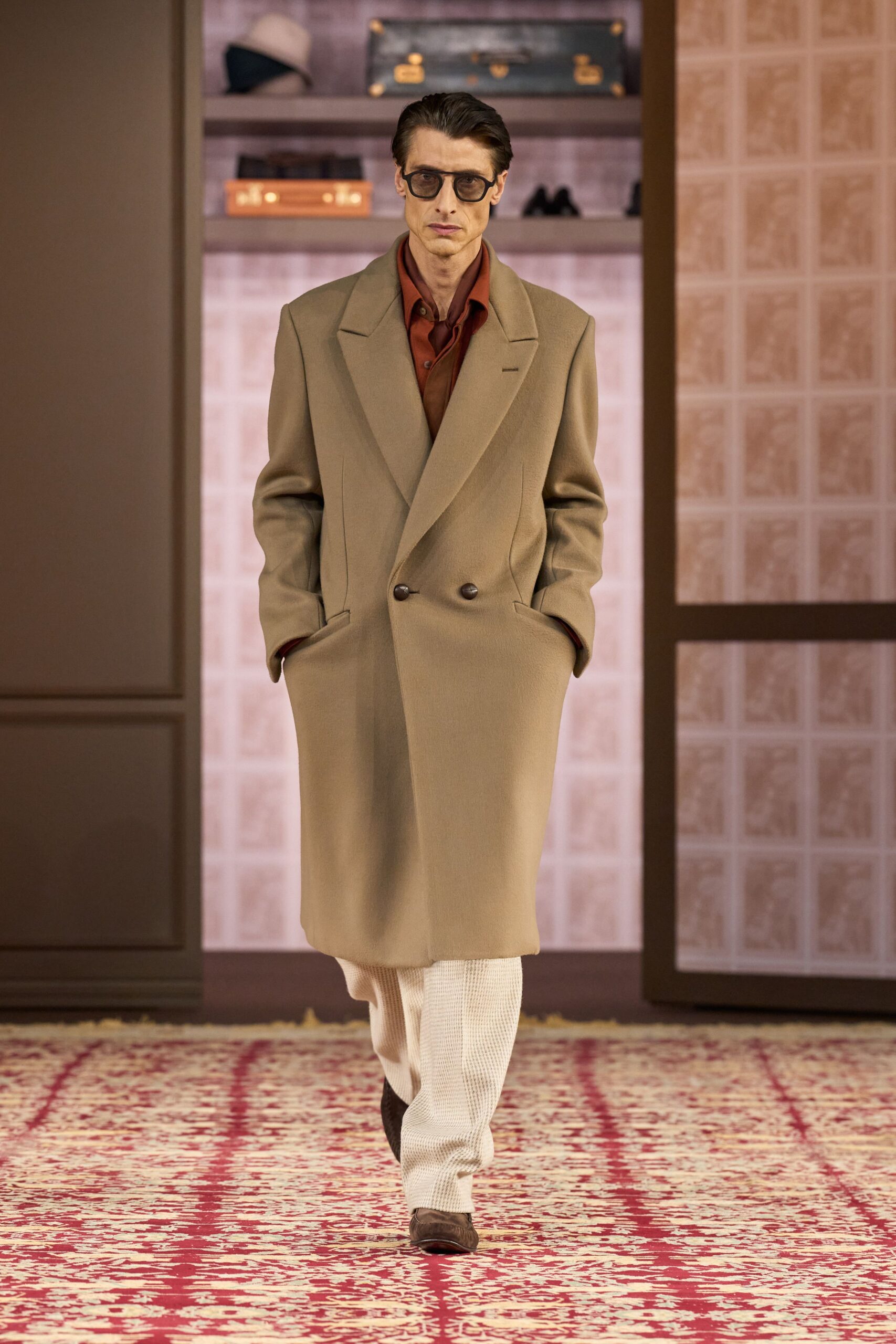 beige wool long-sleeve double-breasted structured coat