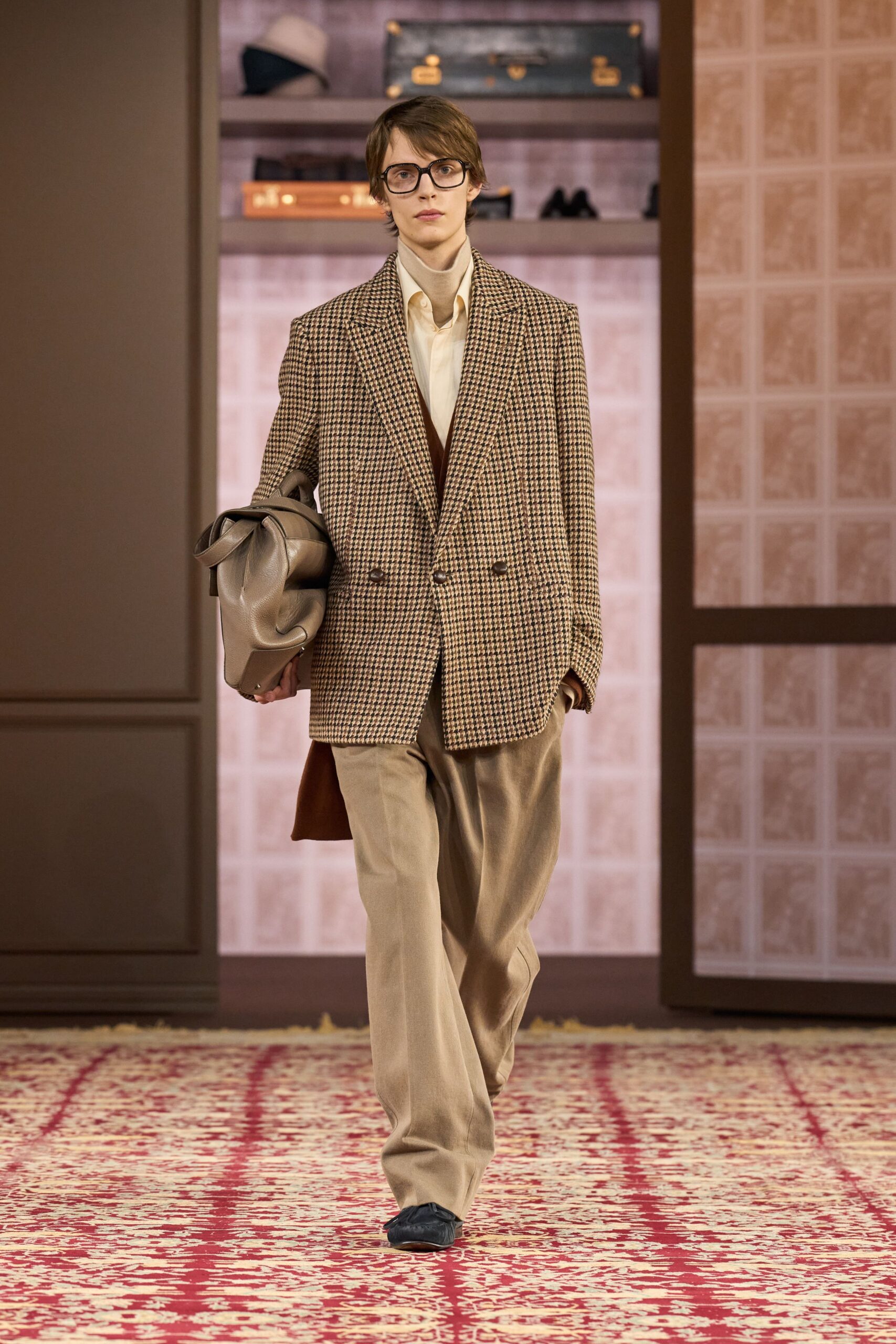 brown wool long-sleeve collared tailored checked blazer