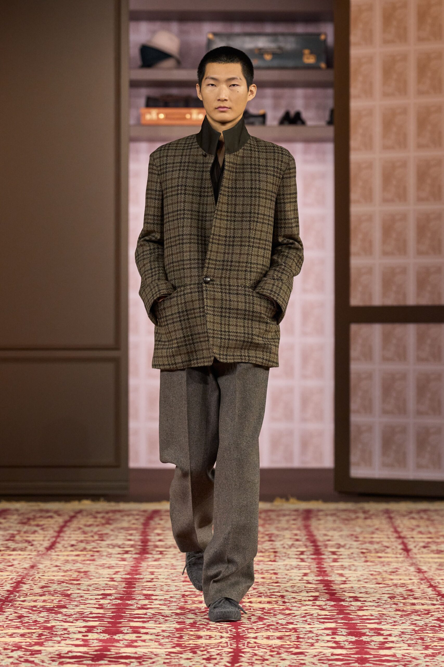 brown wool long-sleeve collared relaxed checked blazer