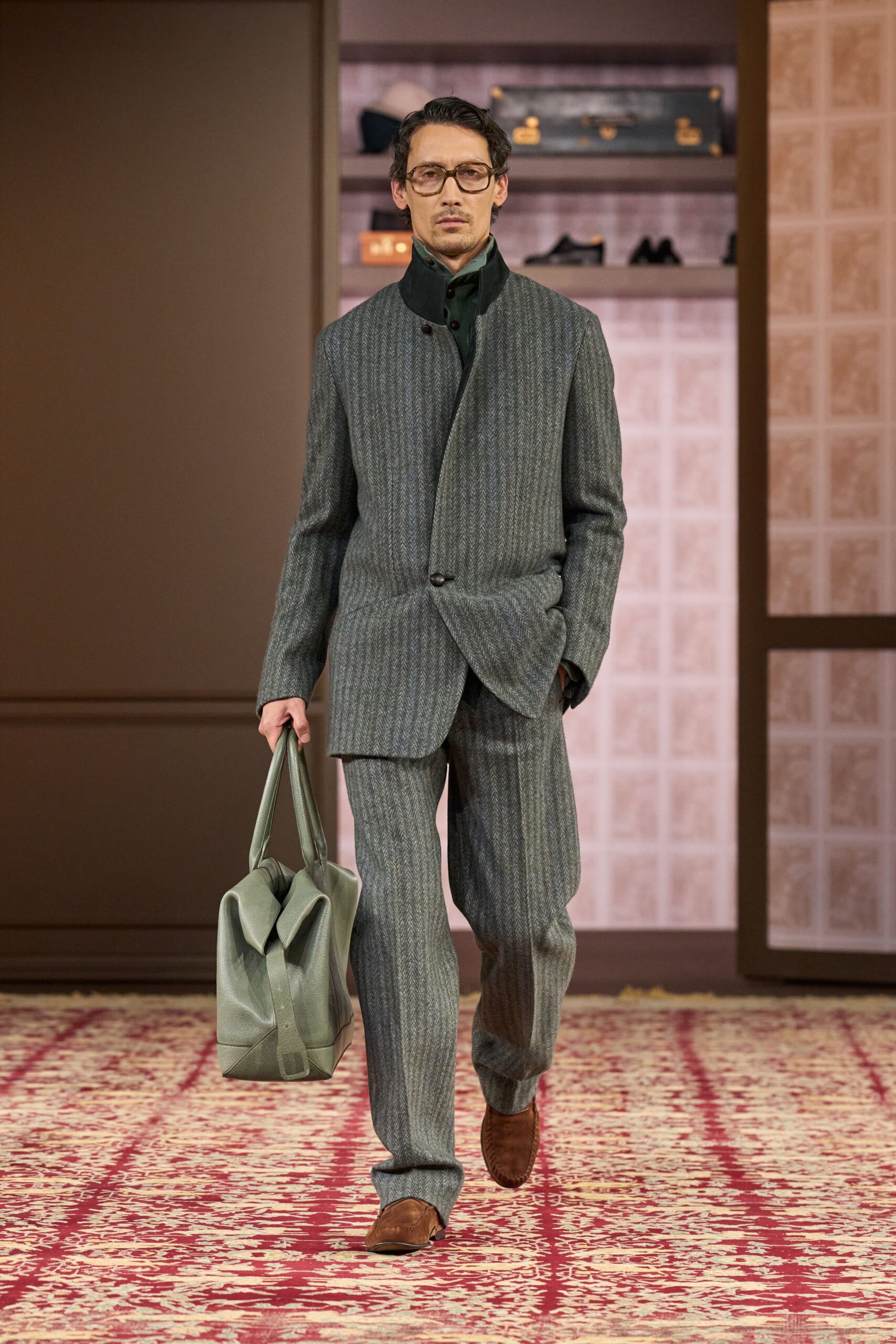 gray wool long-sleeve collared tailored striped suit