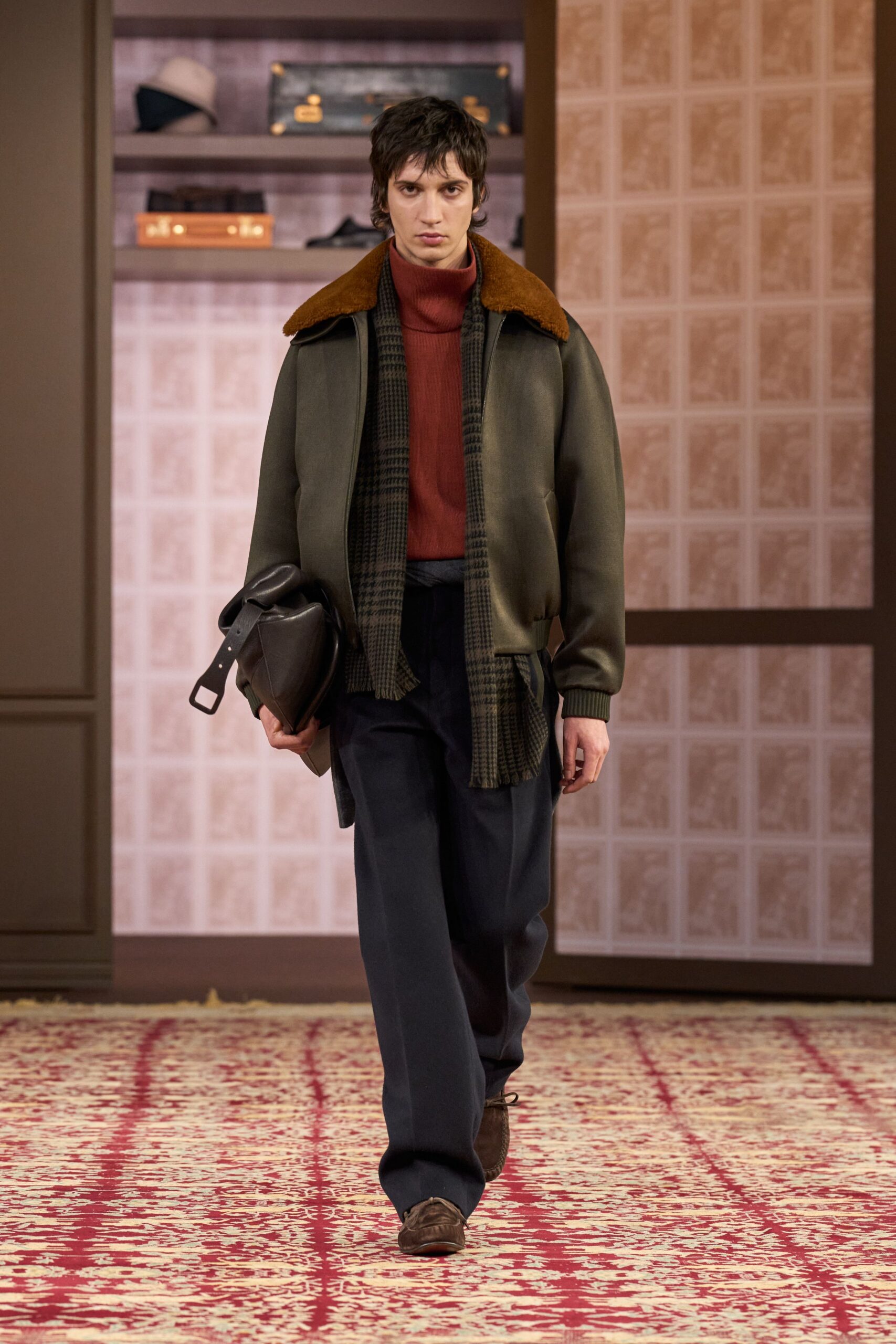 green wool long-sleeve collared relaxed zippered jacket