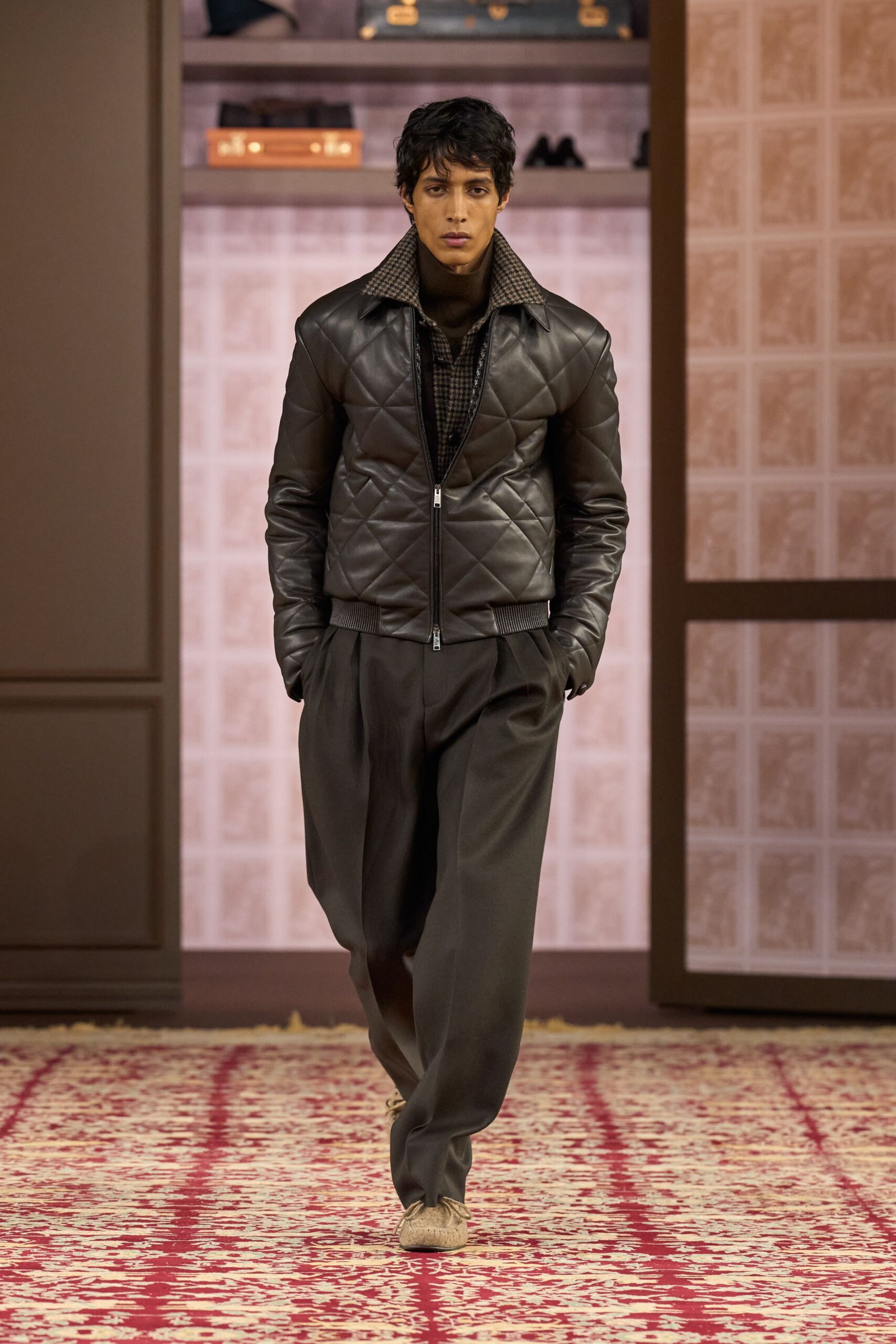 brown leather long-sleeve collared fitted quilted jacket