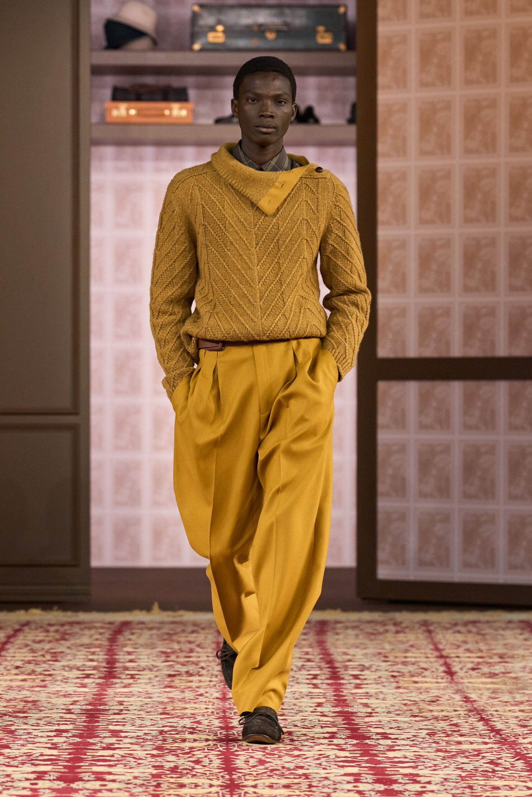 yellow wool long-sleeve collared relaxed ribbed sweater