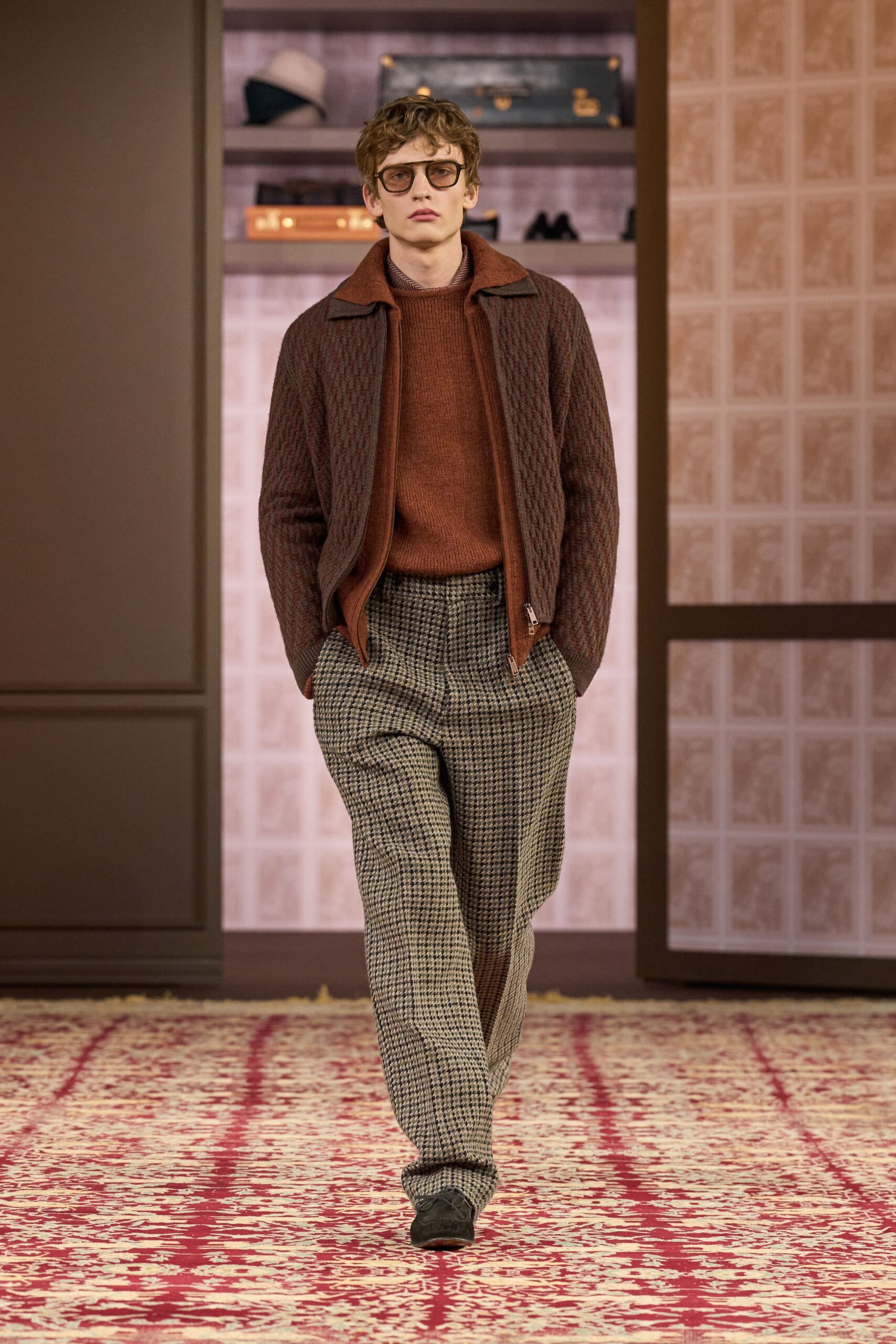 red wool long-sleeve collared fitted sweater