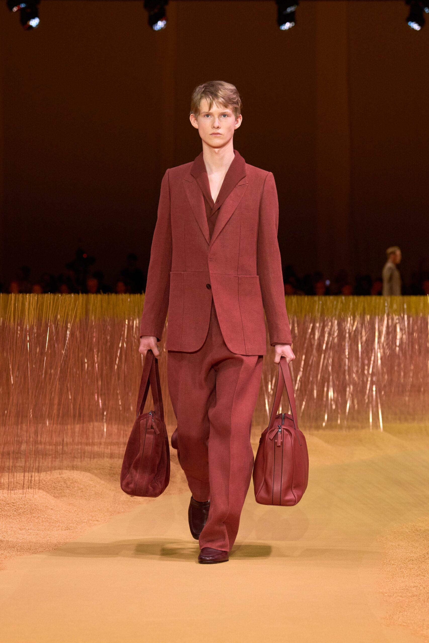 red wool long-sleeve collared tailored suit