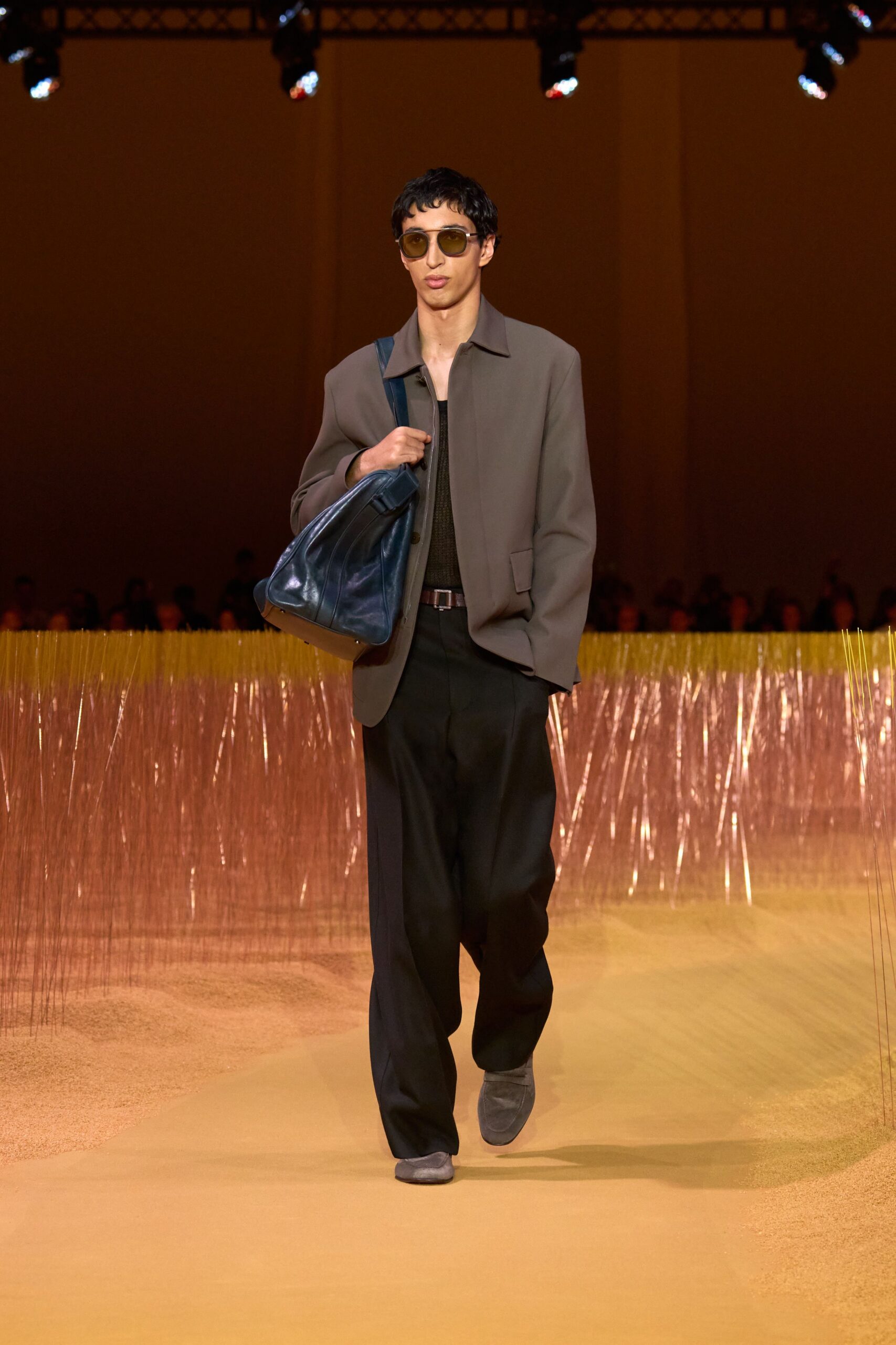 gray jacket black shirt relaxed pants
