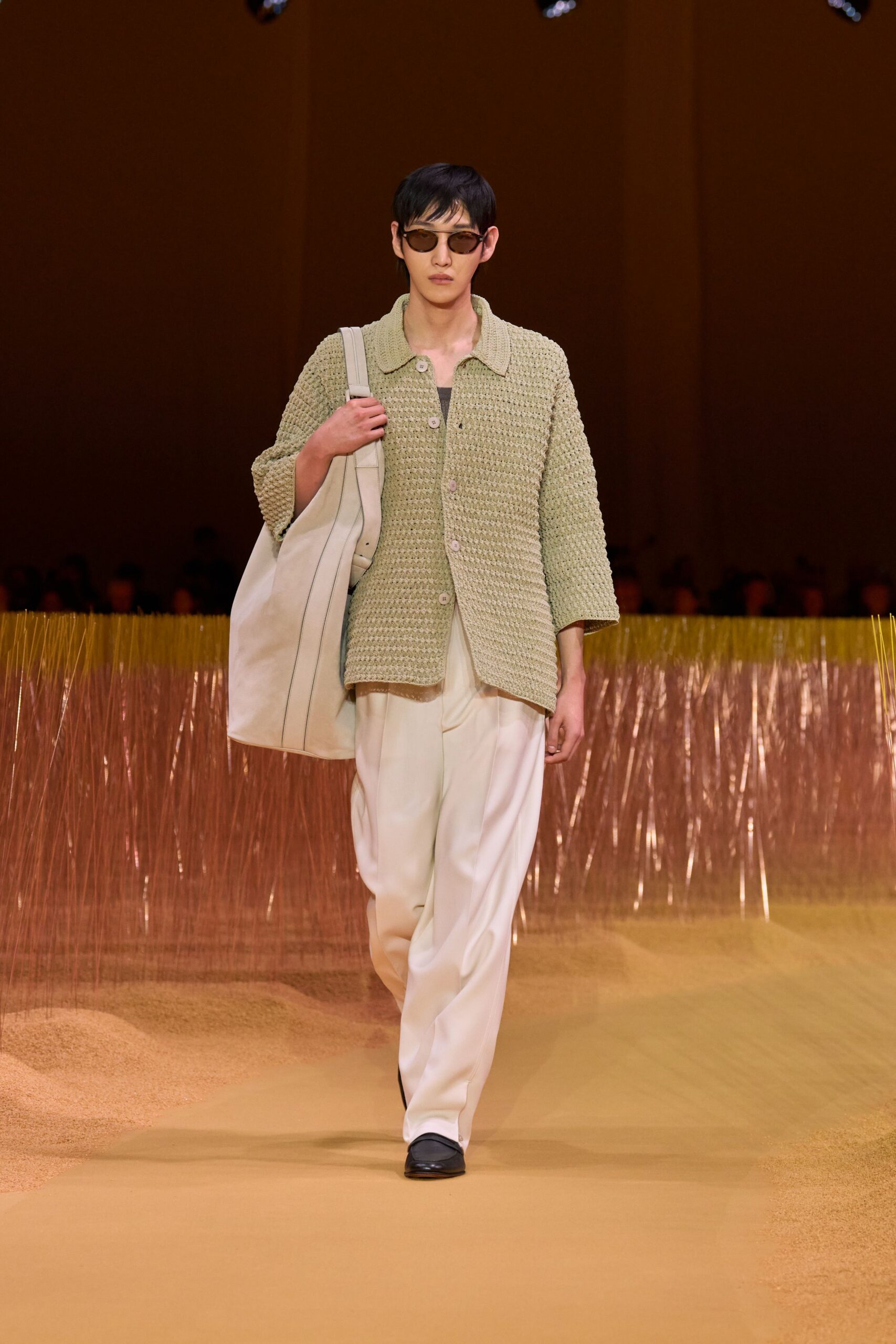 green cotton short-sleeve collared relaxed textured jacket