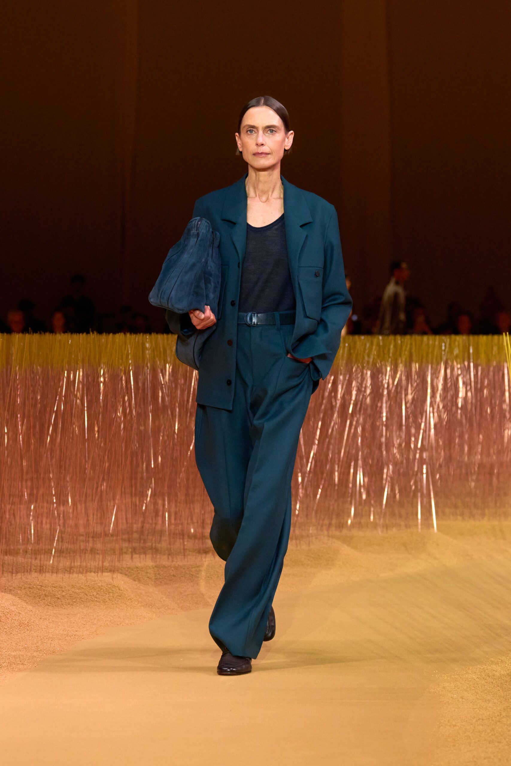 teal blazer black top tailored pants