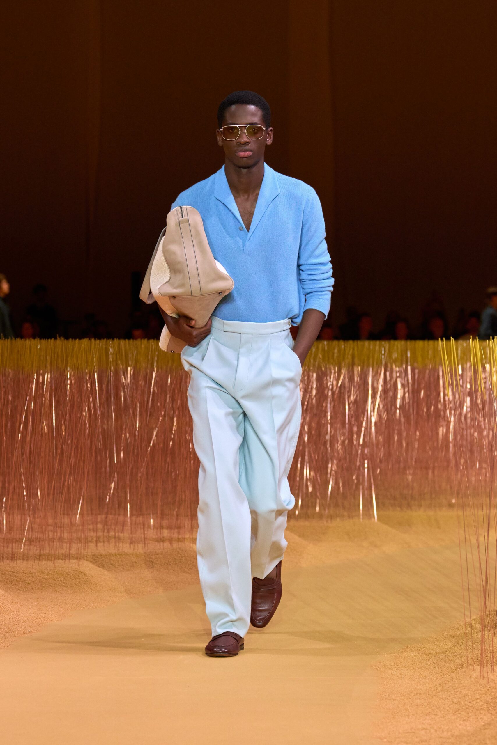 blue cotton sweater with tailored pants