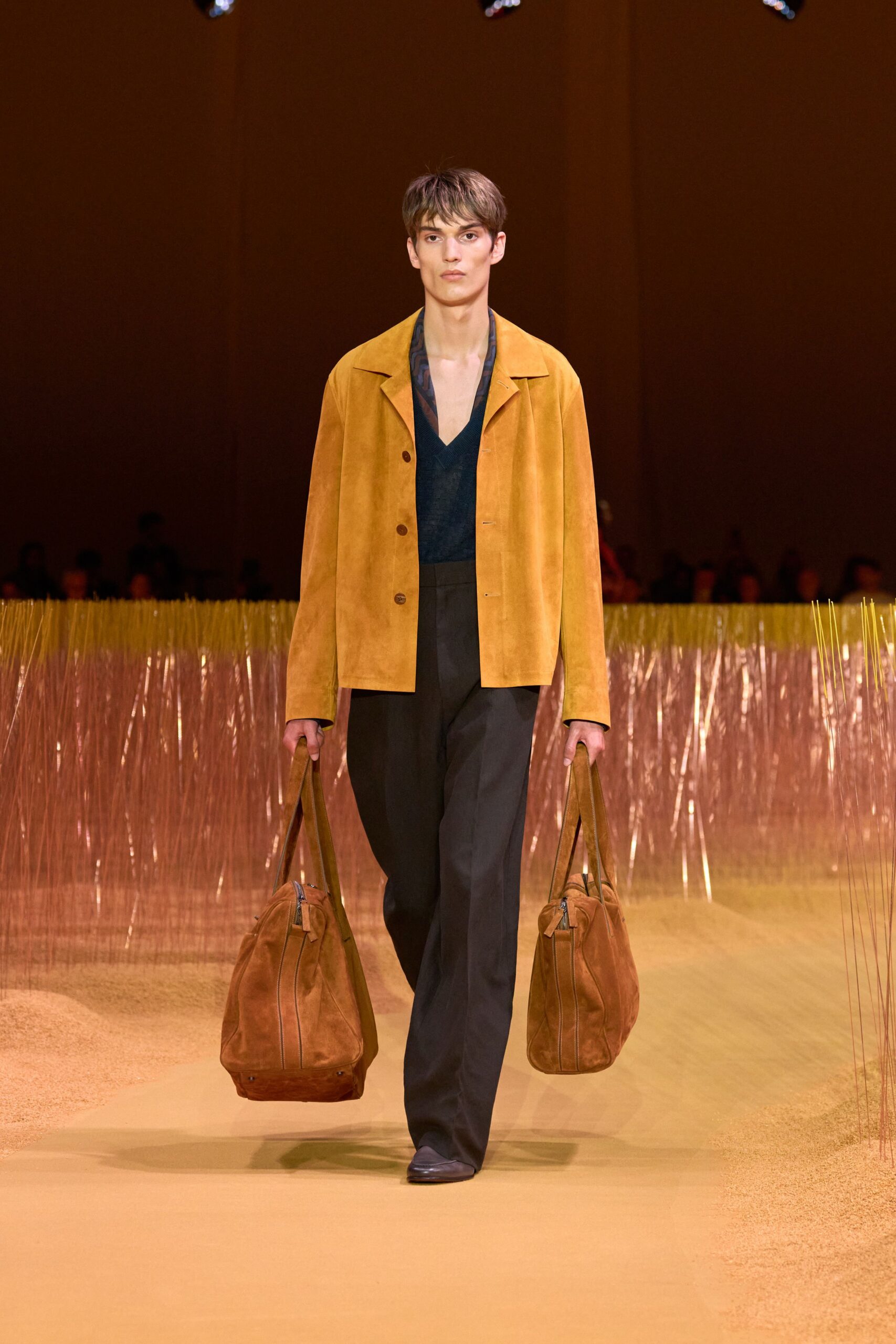 orange suede long-sleeve collared relaxed jacket