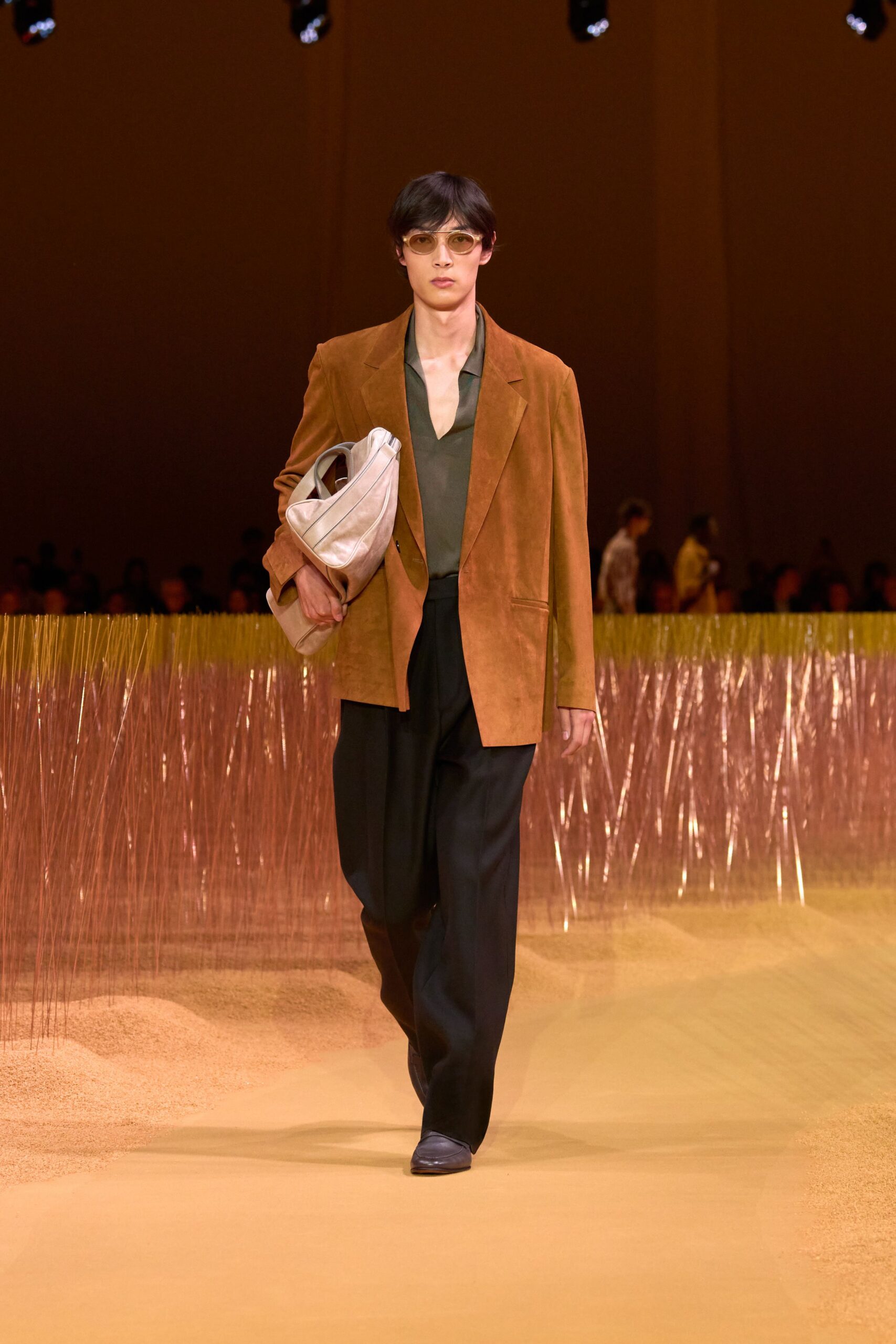 brown blazer green shirt black pants