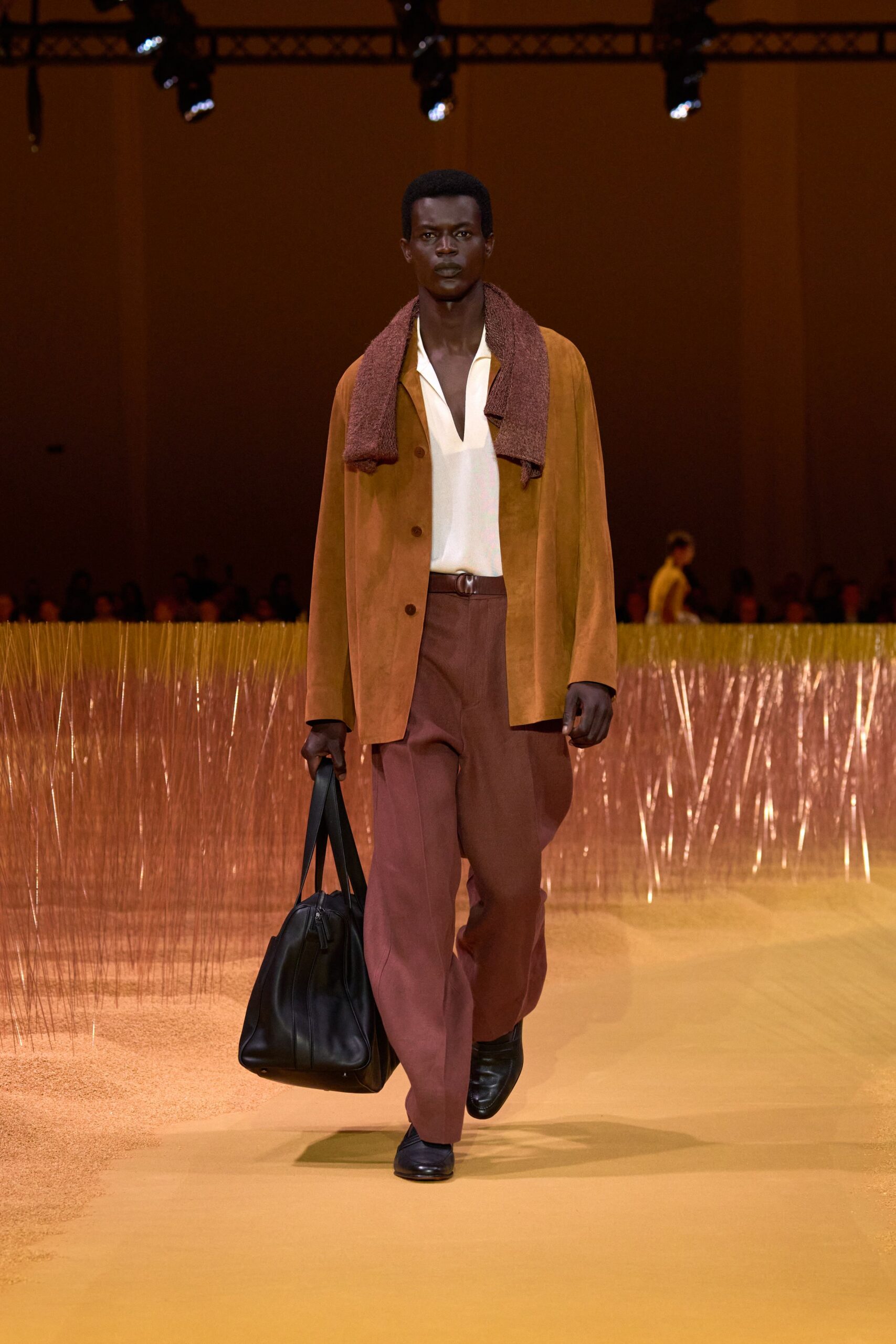 brown suede jacket with white shirt