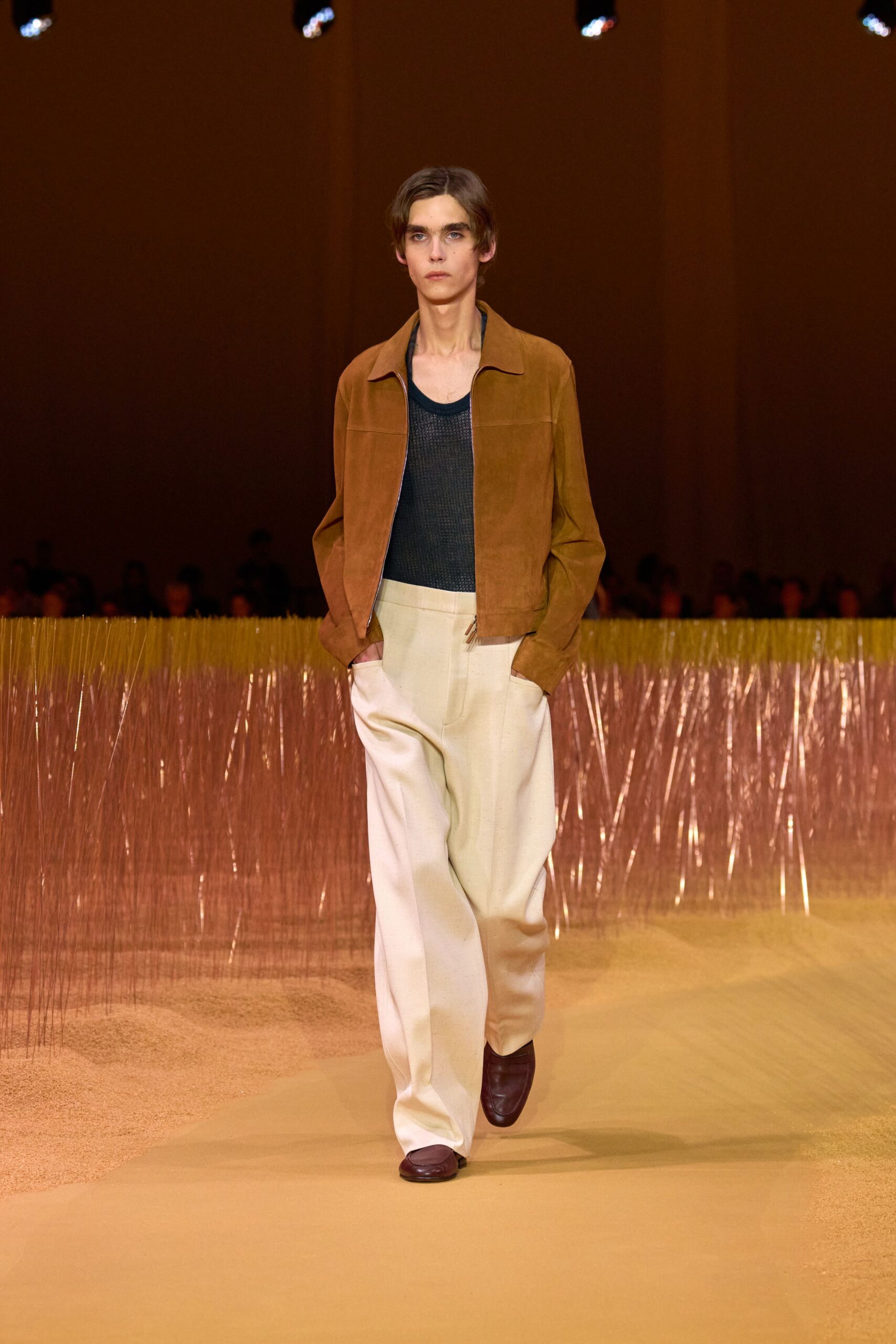 brown suede jacket with black top